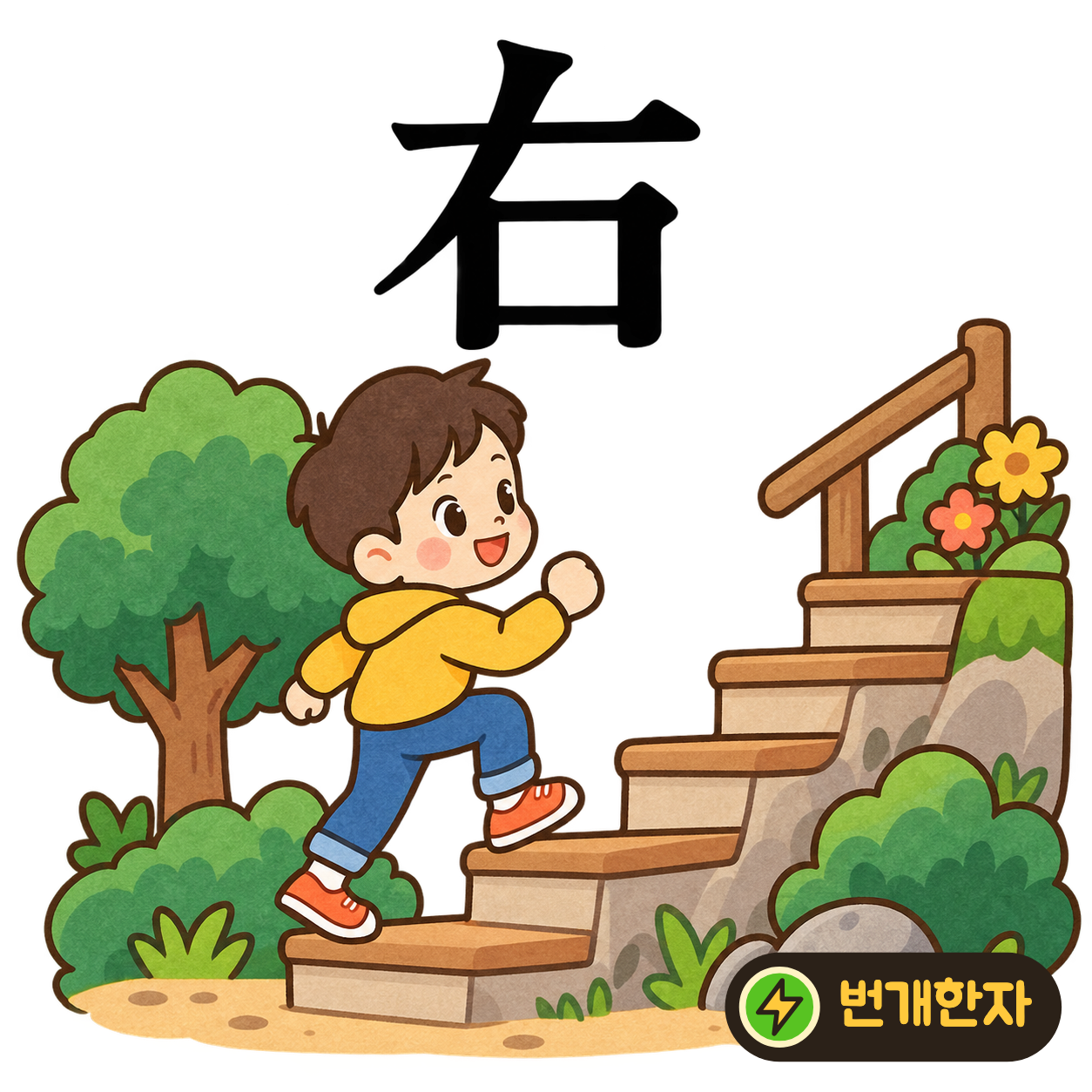 右: 윗부분 아래 오른쪽에 입 口가 있어요. 오른쪽을 알려 주려고 입으로 말하는 장면을 떠올려요. (기억 그림)