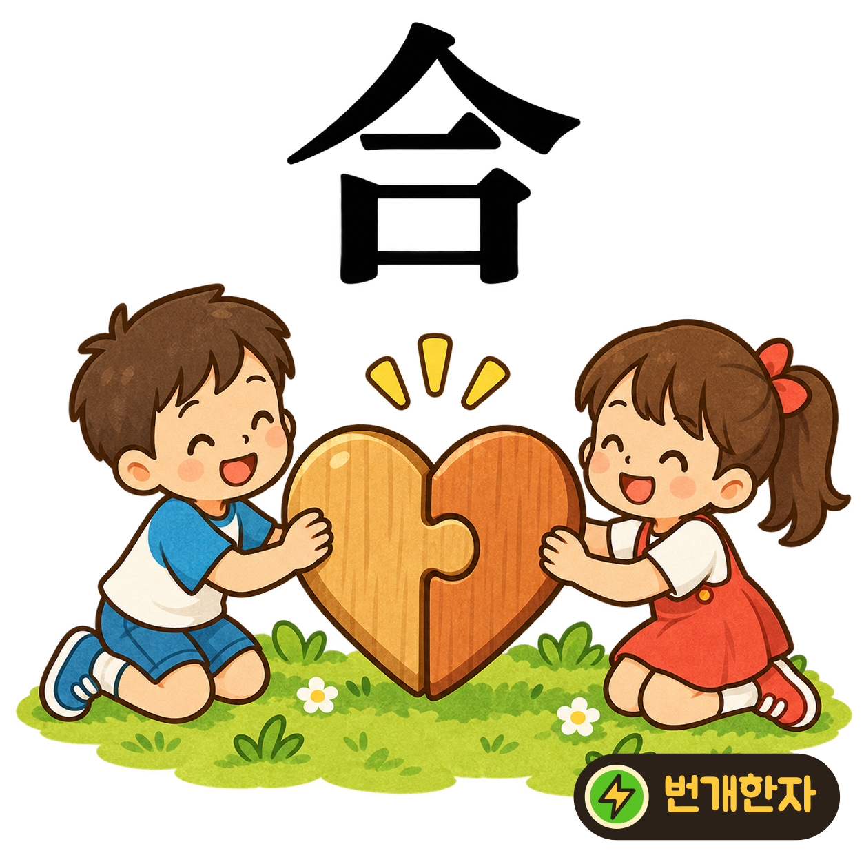 合: 지붕 같은 윗부분 아래에 一과 口가 모여 있어요. 뚜껑과 그릇을 딱 맞게 합치는 모습으로 기억해요. (기억 그림)