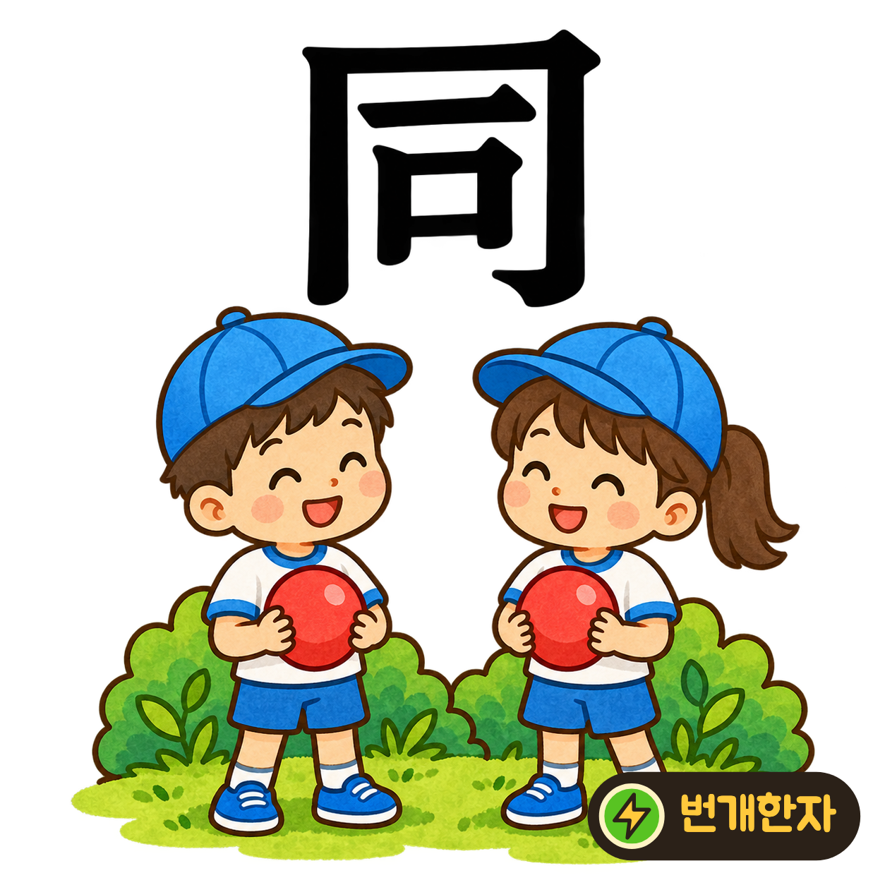 同: 큰 테두리 안에 一과 口가 함께 있어요. 같은 방에서 한목소리로 말하는 모습을 상상해요. (기억 그림)
