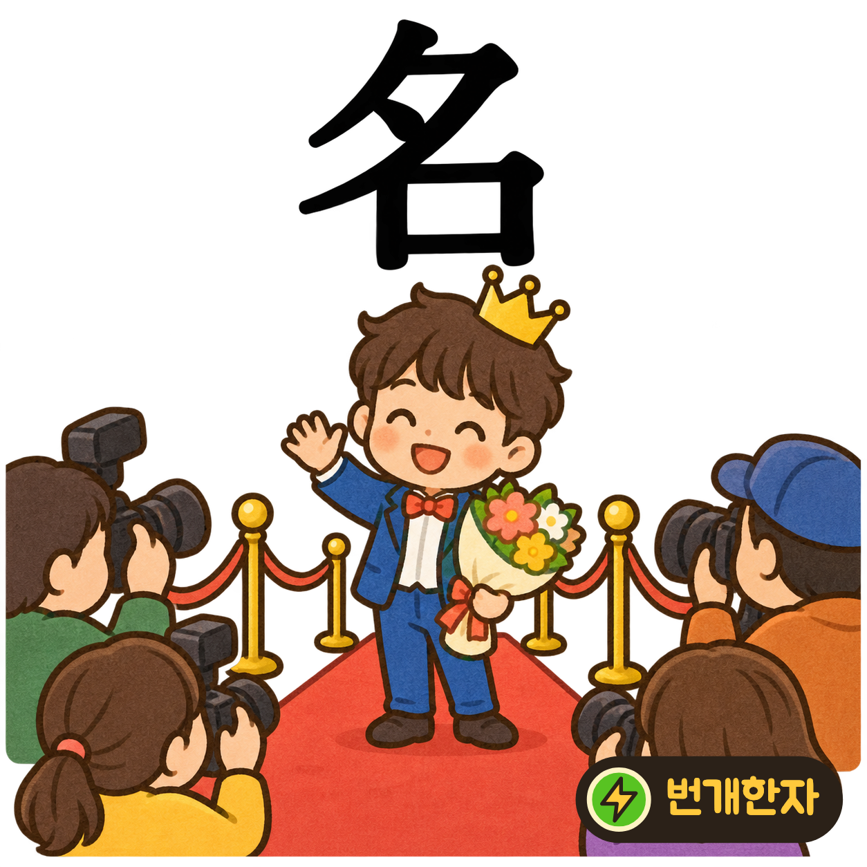 名: 저녁 夕 아래에 입 口가 있어요. 어두운 저녁에 누가 왔는지 이름을 부르는 장면을 떠올려요. (기억 그림)