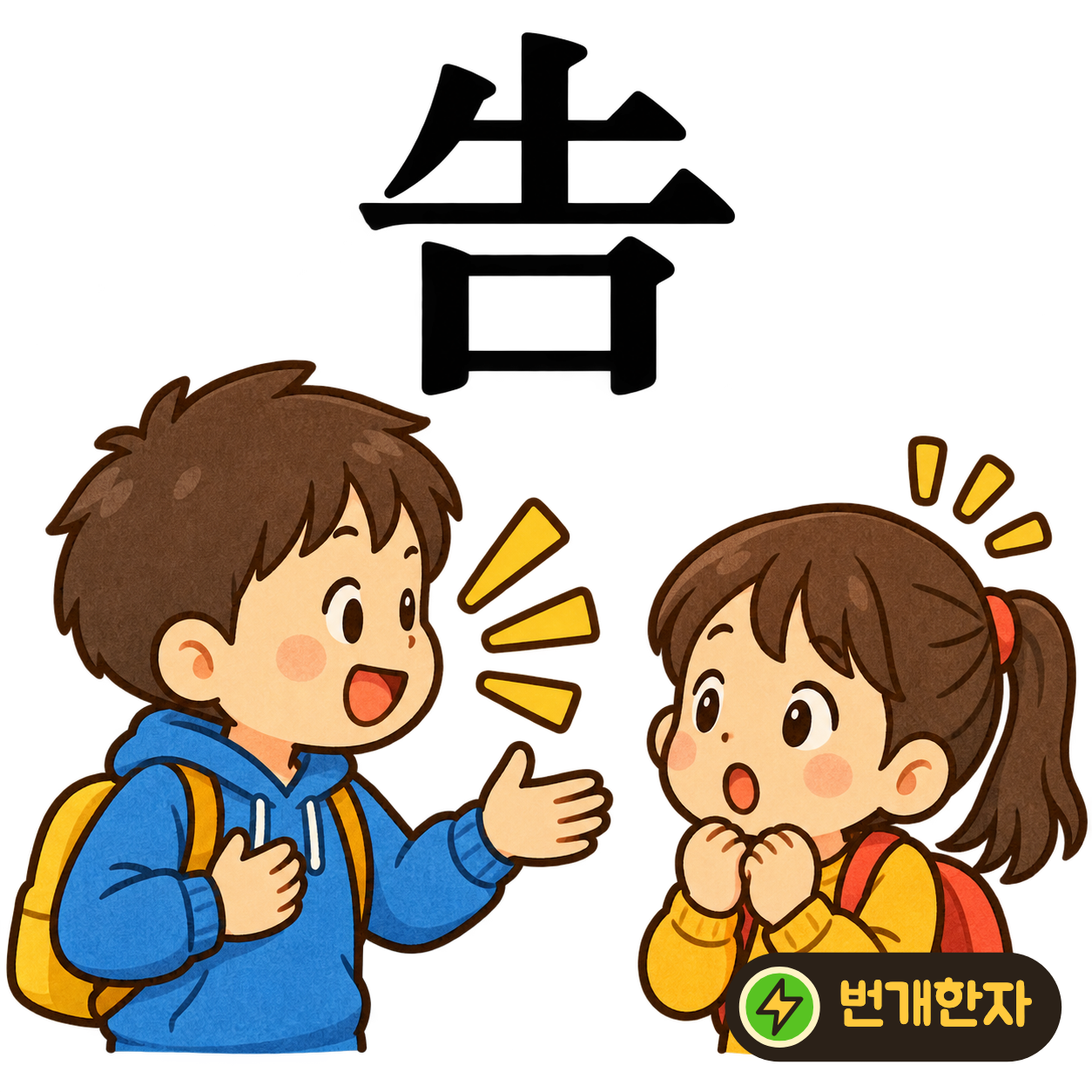 告: 위의 획들 아래에 입 口가 있어요. 표시판 앞에서 소식을 입으로 알리는 모습을 떠올려요. (기억 그림)