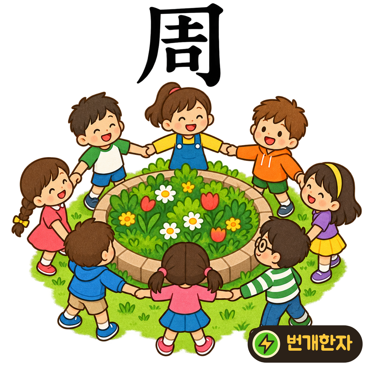 周: 테두리가 안쪽의 土와 口를 둘러싸요. 담장을 따라 두루 한 바퀴 걷는 모습을 상상해요. (기억 그림)