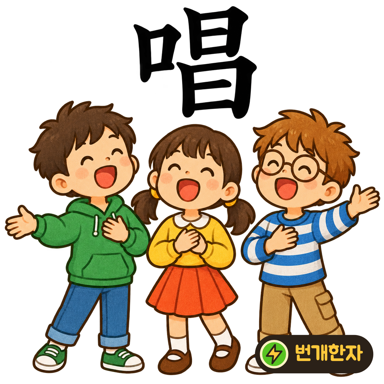 唱: 입 口 옆에 日 두 개가 위아래로 있어요. 두 사람이 번갈아 입을 열어 노래 부르는 장면을 상상해요. (기억 그림)