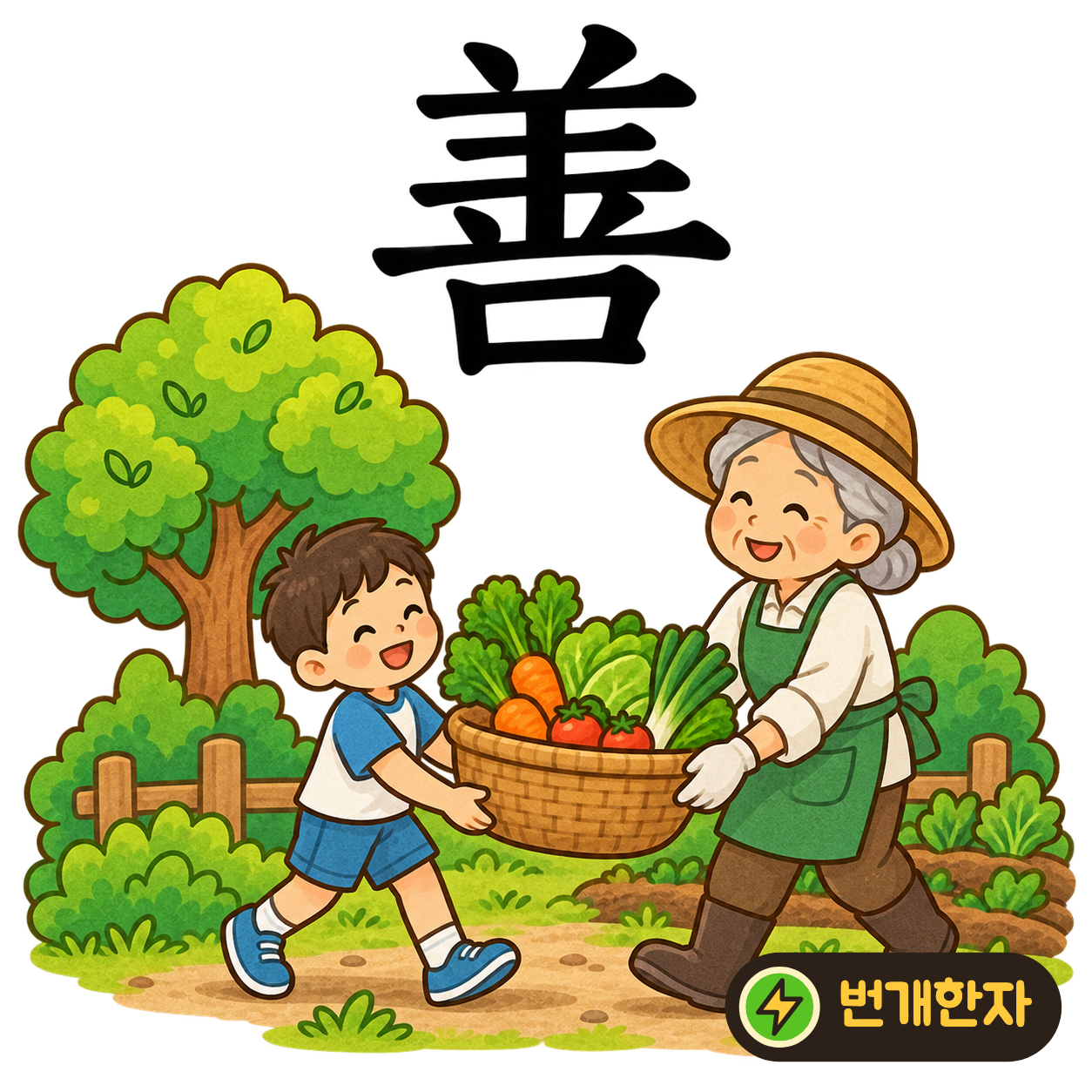 善: 위의 양 羊 모양 아래에 입 口가 있어요. 양에게 다정하고 착한 말을 건네는 모습을 상상해요. (기억 그림)