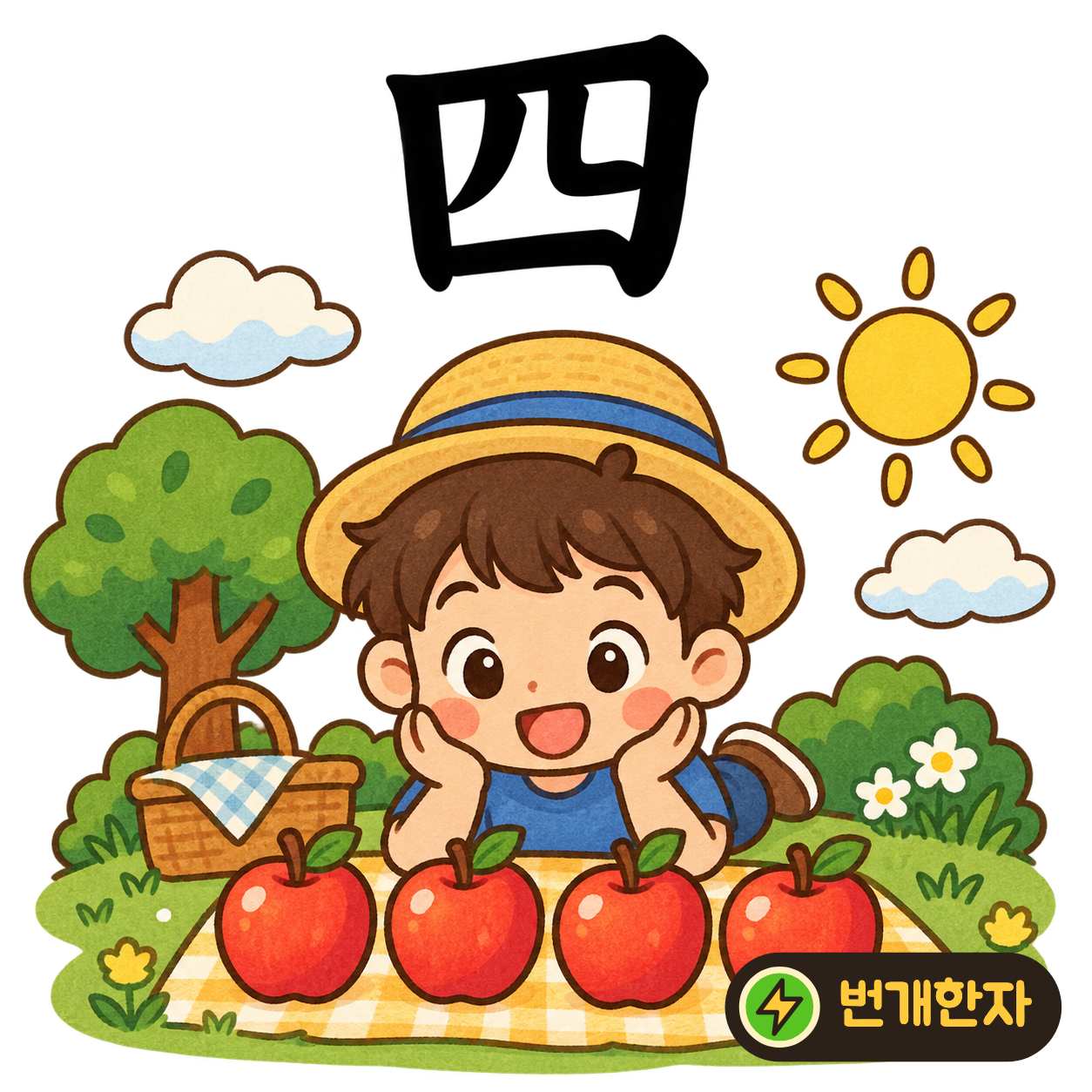 四: 큰 네모 안에 양쪽으로 벌어진 획이 있어요. 네모의 네 귀퉁이를 짚으며 ‘넷’을 기억해요. (기억 그림)