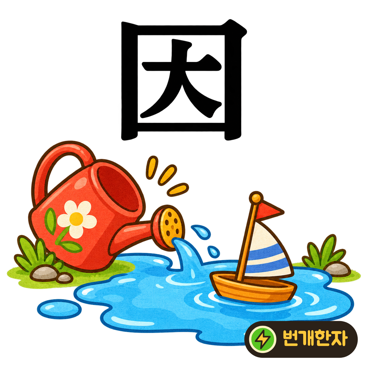 因: 큰 테두리 안에 大가 들어 있어요. 상자 안의 큰 물건 때문에 뚜껑이 안 닫힌다고 상상하며 ‘원인’을 기억해요. (기억 그림)
