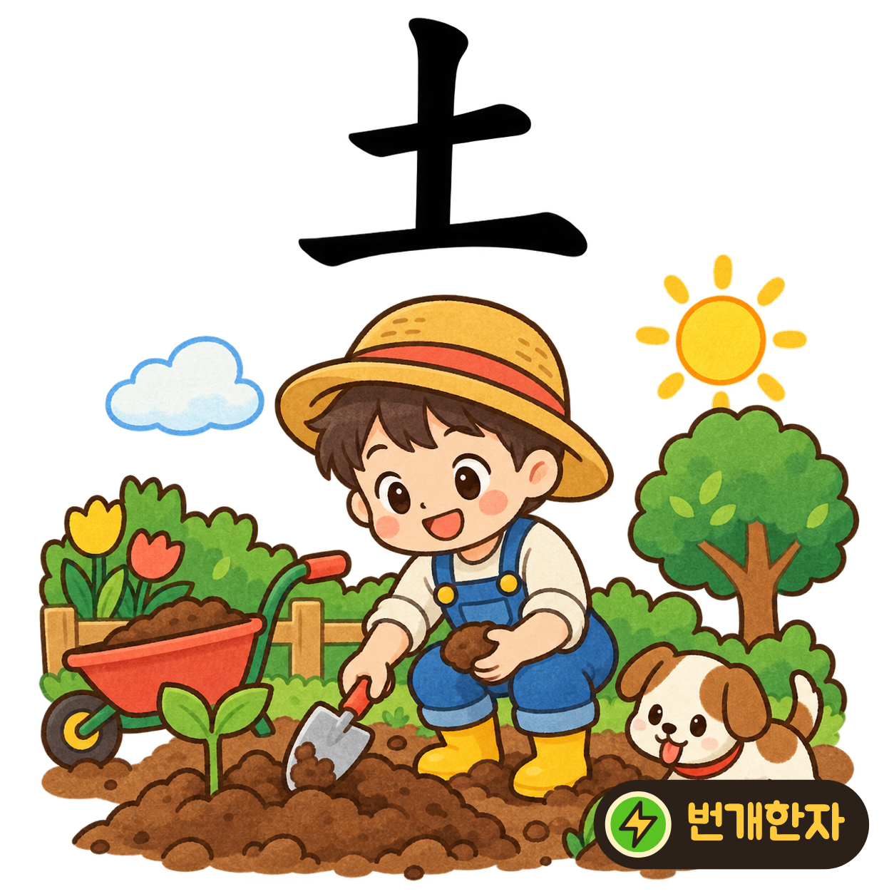 土: 가로선 두 개를 짧은 세로획이 이어요. 땅 위로 흙더미가 조금 솟은 모습을 떠올려요. (기억 그림)