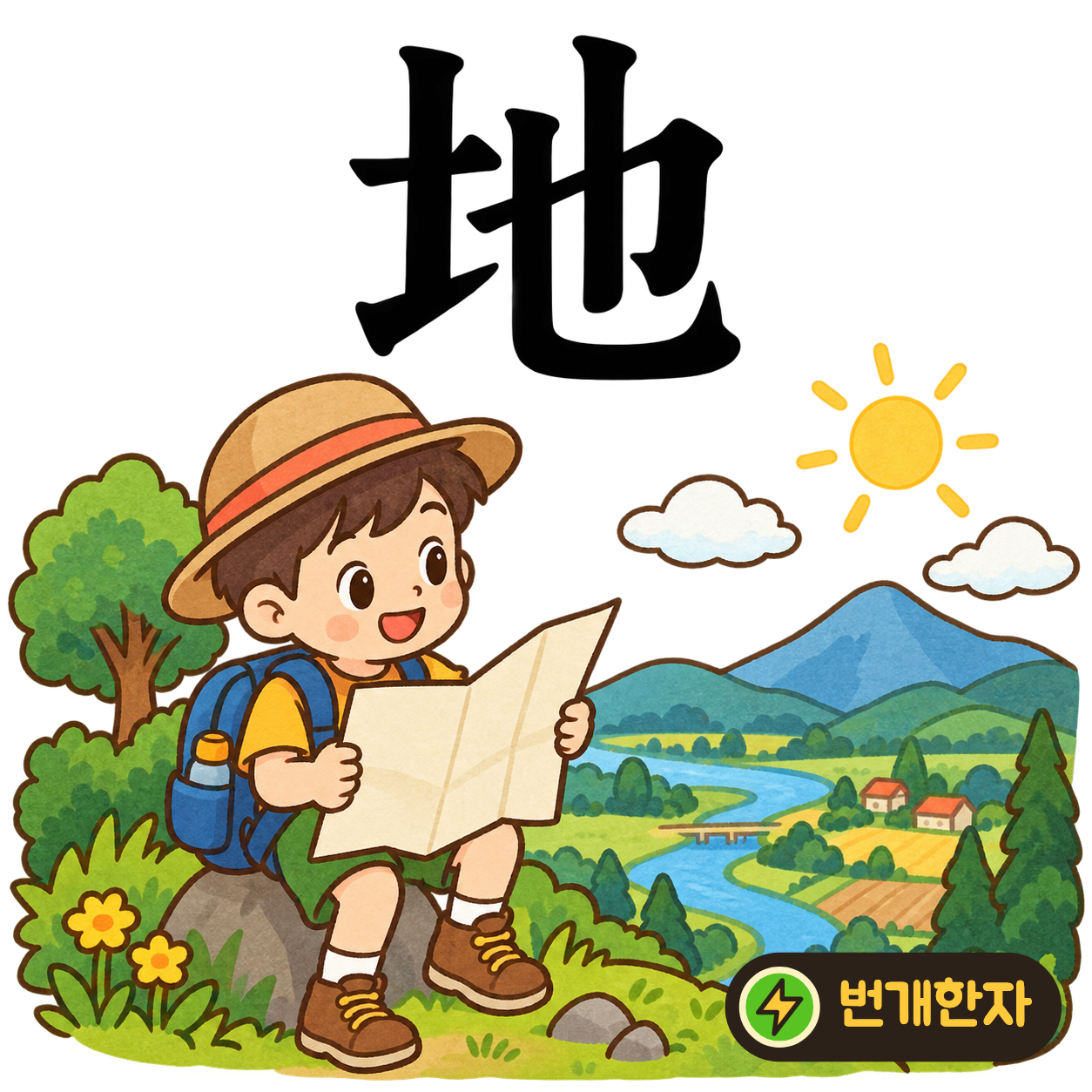 地: 흙 土 옆에 也가 넓게 펼쳐져 있어요. 흙이 사방으로 이어진 땅을 떠올려요. (기억 그림)