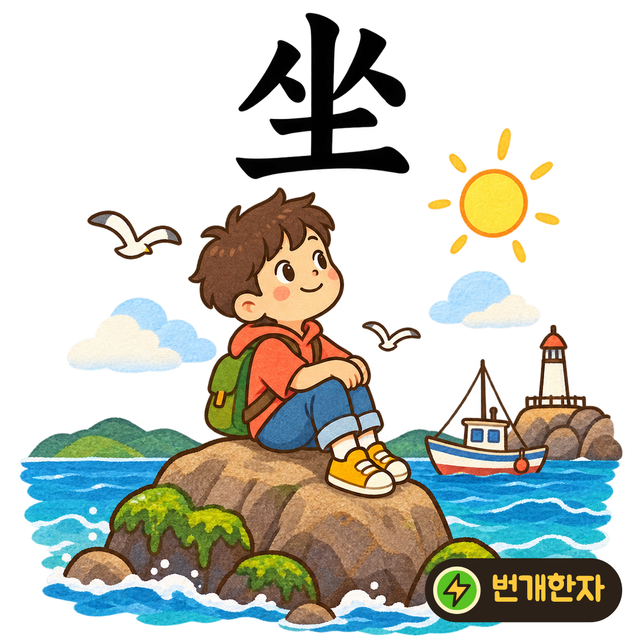 坐: 사람 人 두 명이 흙 土 위에 있어요. 두 사람이 땅에 나란히 앉아 쉬는 모습이에요. (기억 그림)