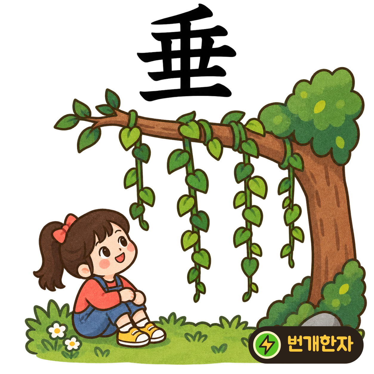 垂: 여러 가로획 사이로 세로획들이 내려와요. 나뭇가지에서 줄줄이 아래로 드리운 끈을 상상해요. (기억 그림)