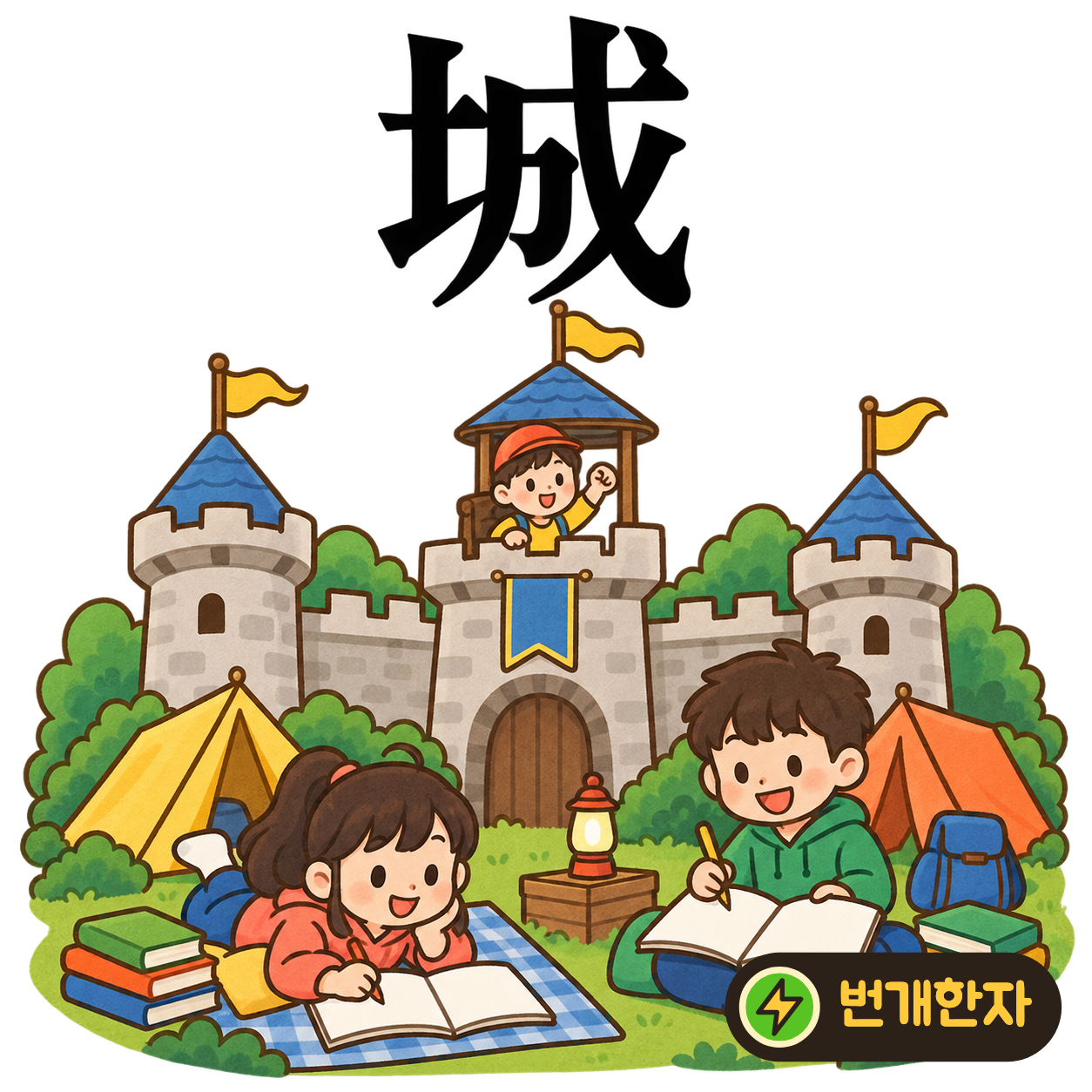城: 흙 土 옆에 이룰 成이 있어요. 흙을 쌓아 높은 성을 완성하는 장면이에요. (기억 그림)
