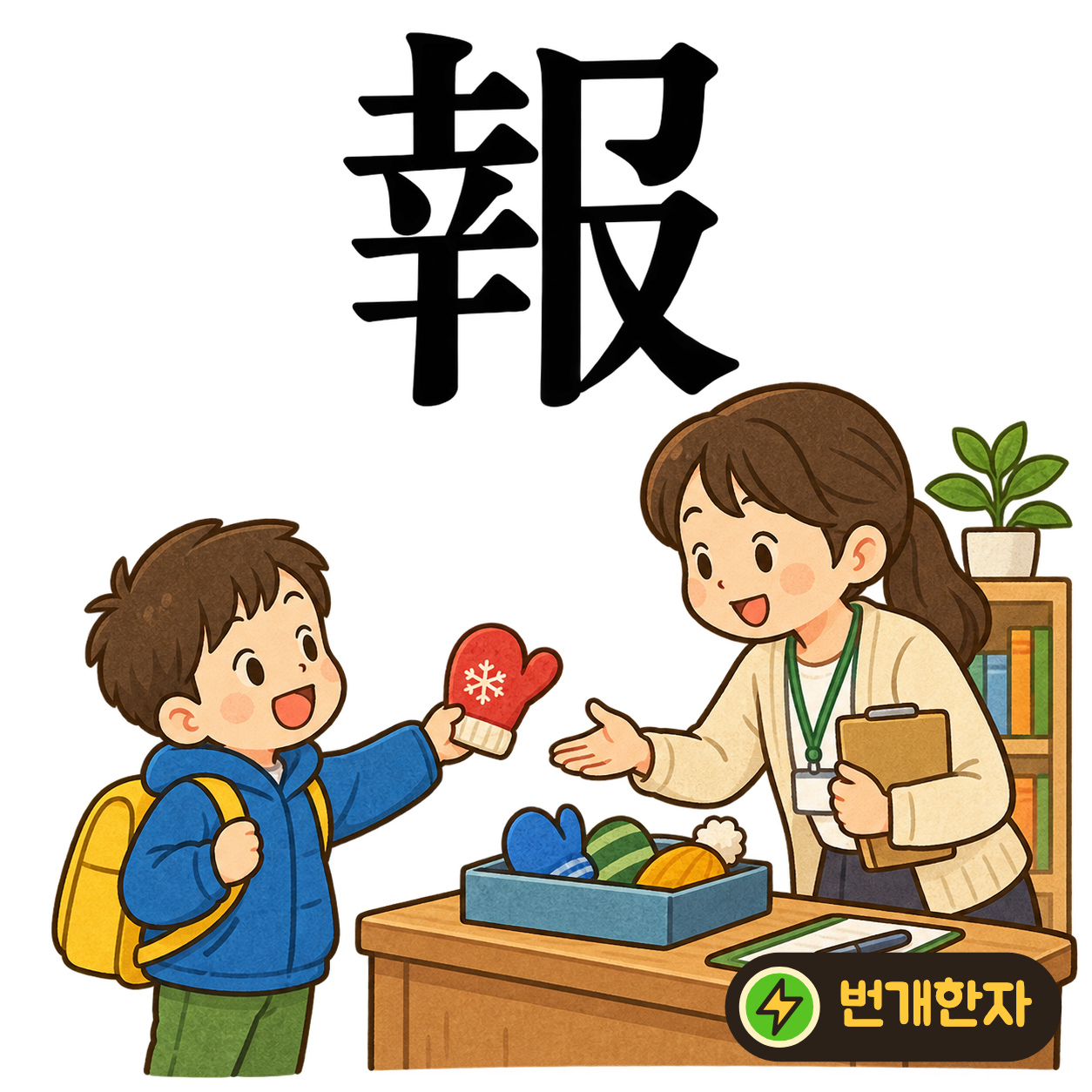 報: 오른쪽 아래에 손을 떠올리는 又가 있어요. 손에 든 소식지를 건네며 새 소식을 알린다고 기억해요. (기억 그림)
