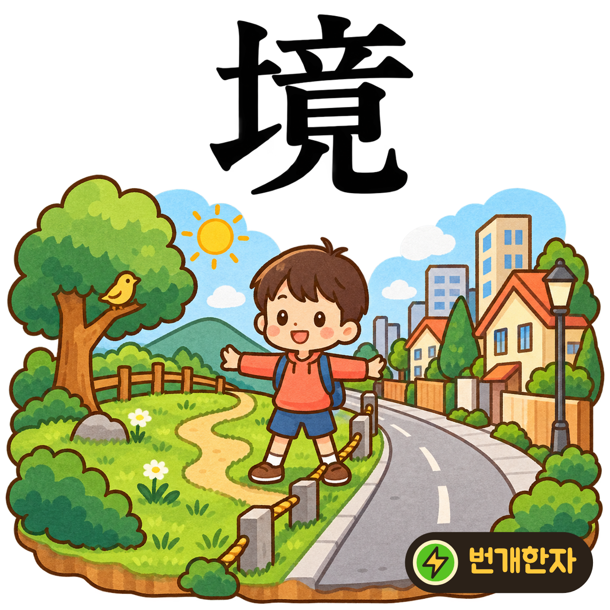 境: 흙 土 옆에 마칠 竟이 있어요. 우리 땅이 끝나는 곳에 세운 경계 표시를 상상해요. (기억 그림)