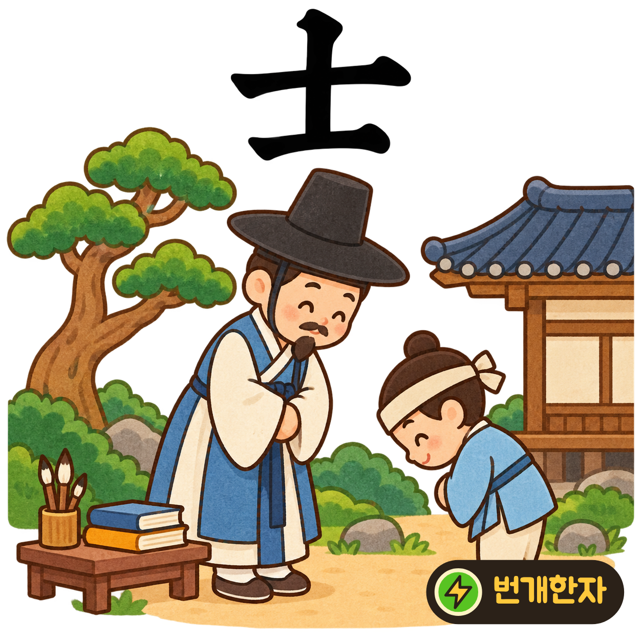 士: 위 가로선이 아래 가로선보다 길어요. 어깨를 반듯하게 편 선비가 서 있는 모습으로 기억해요. (기억 그림)
