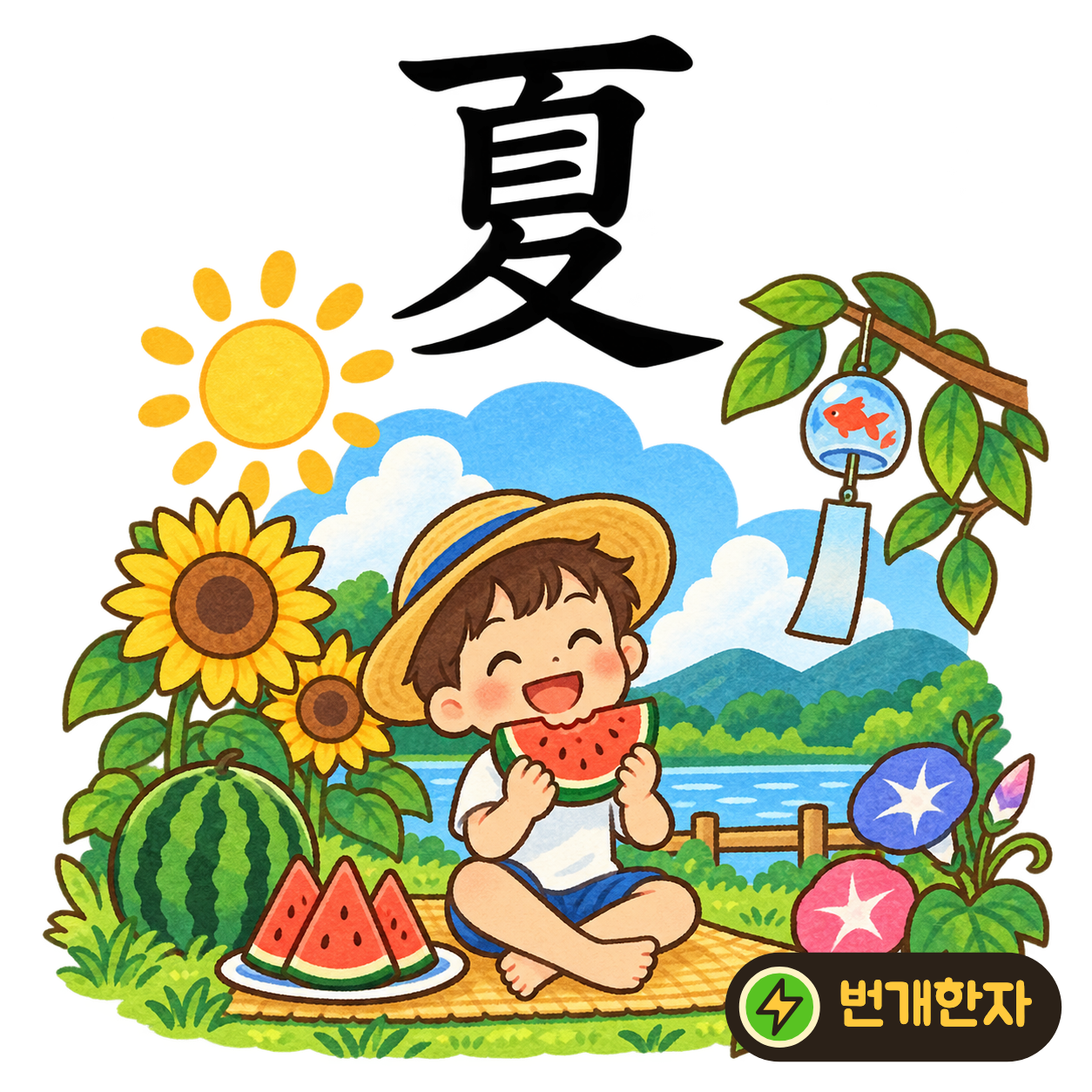 夏: 윗부분의 目 모양 아래에 夂가 있어요. 더운 여름에 눈을 가리고 그늘로 걸어가는 모습을 상상해요. (기억 그림)