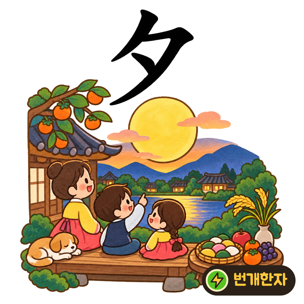 夕: 달 조각 같은 굽은 획 안에 짧은 획이 있어요. 저녁 하늘에 가느다란 달이 뜬 장면을 떠올려요. (기억 그림)