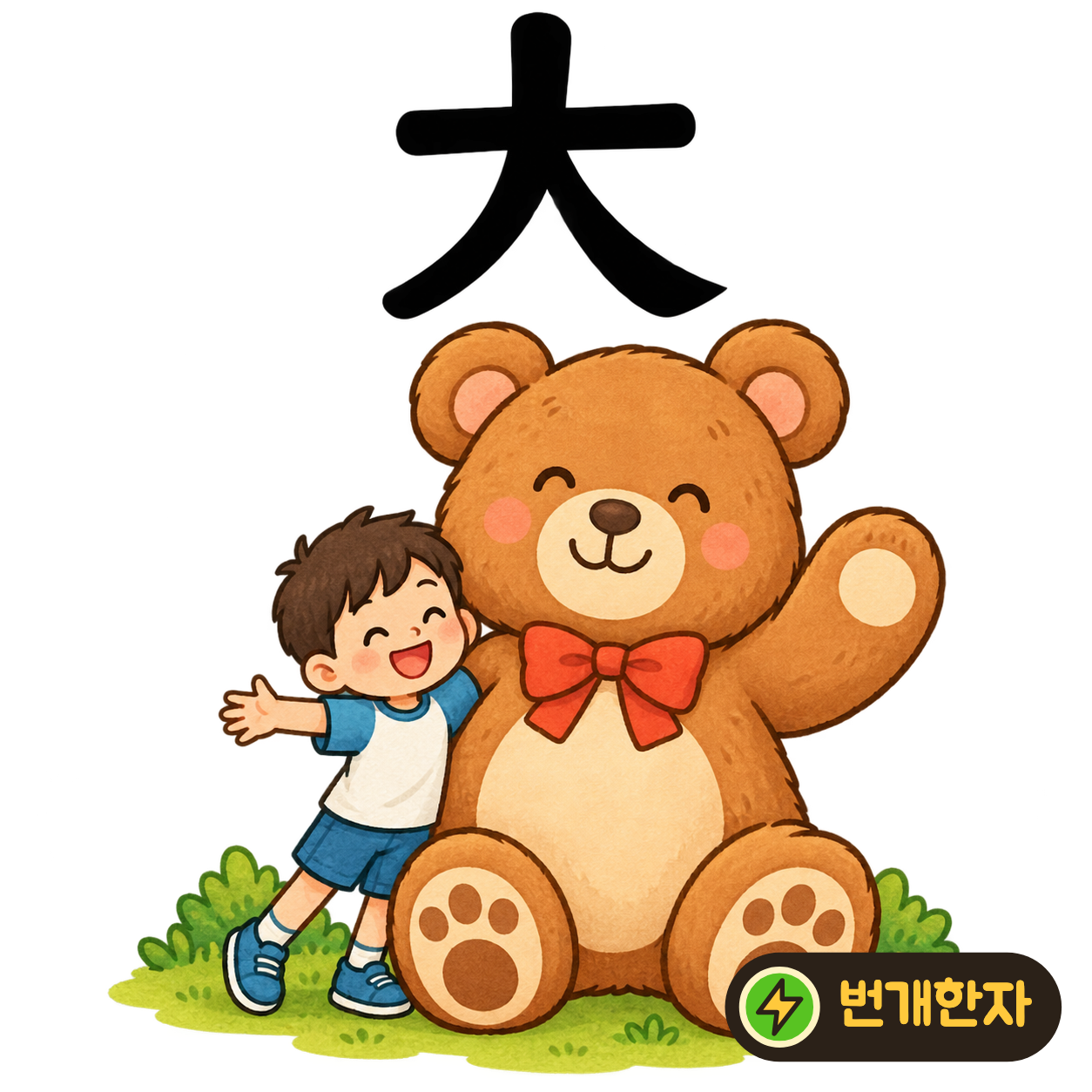 大: 사람 人이 두 팔을 양옆으로 활짝 벌린 듯 보여요. 몸을 크게 펼쳐 ‘크다’를 나타내요. (기억 그림)