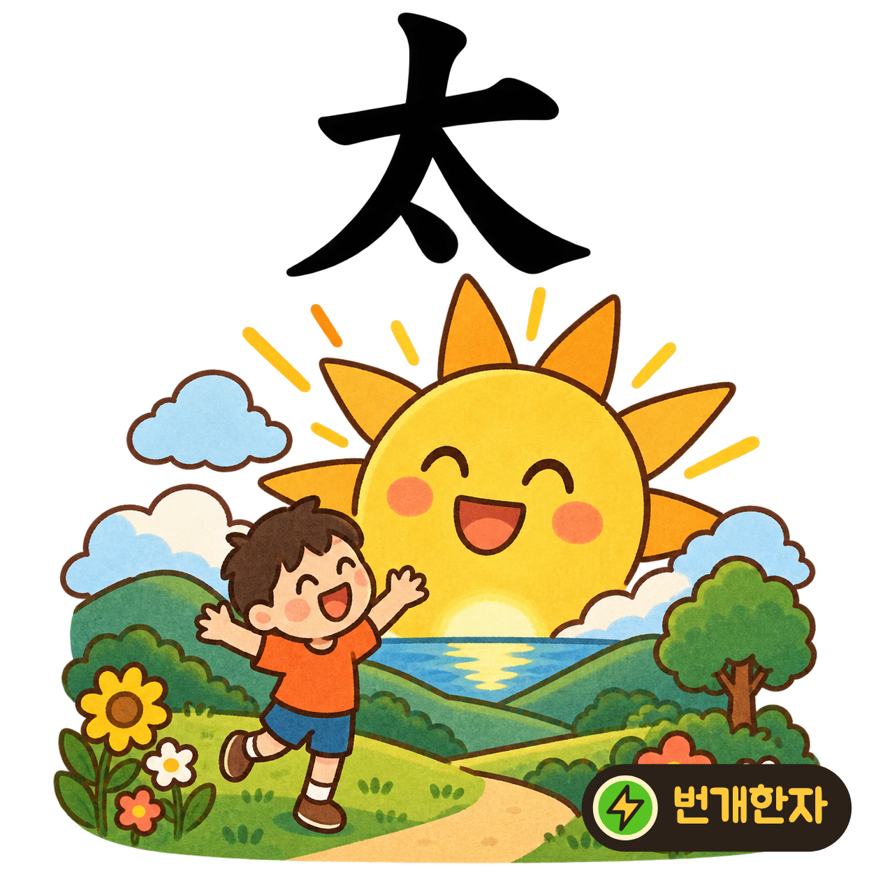 太: 큰 大 아래에 작은 점 하나가 있어요. 큰 것에 표시까지 더해 아주 크다는 뜻으로 기억해요. (기억 그림)