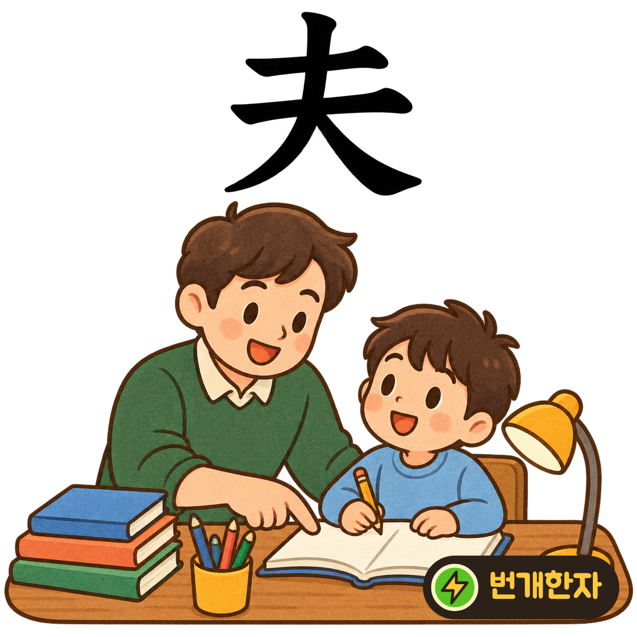 夫: 큰 大 위쪽에 가로획이 하나 더 있어요. 머리를 반듯하게 꾸민 어른을 상상하며 남편을 뜻한다고 기억해요. (기억 그림)