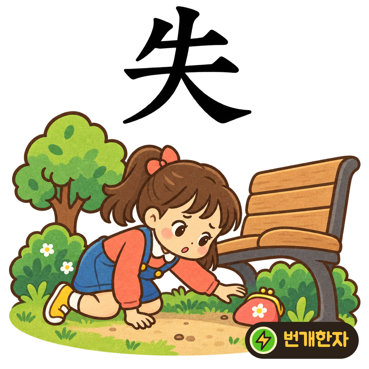 失: 큰 大의 윗부분에 획들이 더 있어요. 손에 든 물건이 미끄러져 사라지는 모습을 상상해요. (기억 그림)