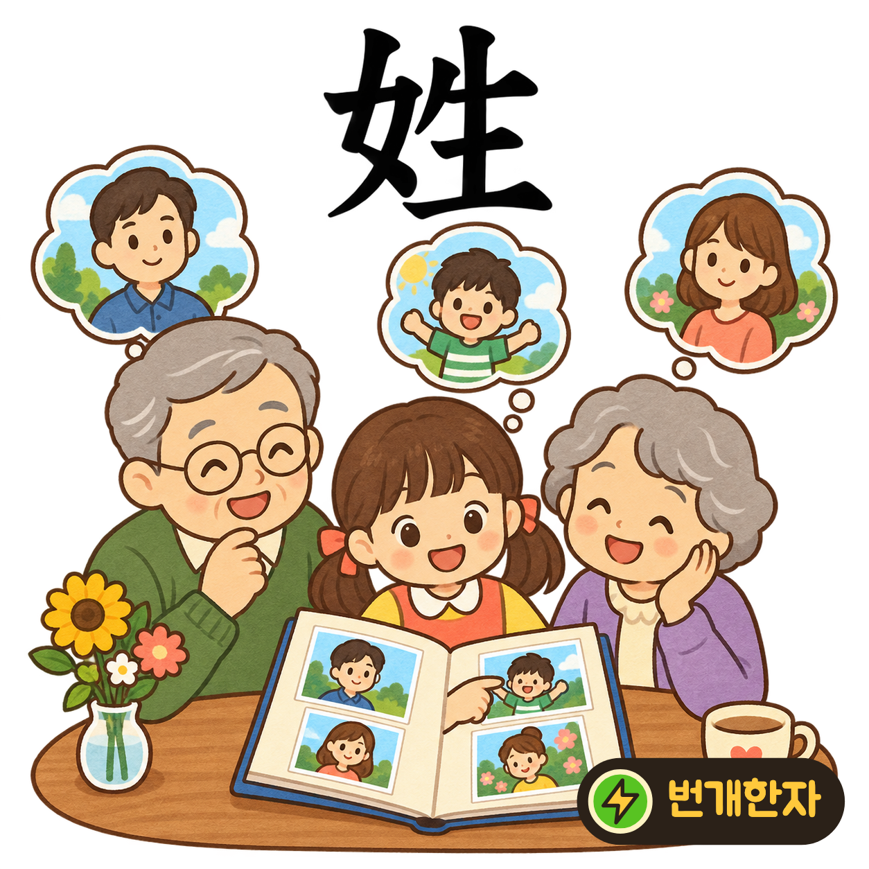 姓: 여자 女 옆에 날 生이 있어요. 아이가 태어나 가족의 성을 받는 장면을 떠올려요. (기억 그림)