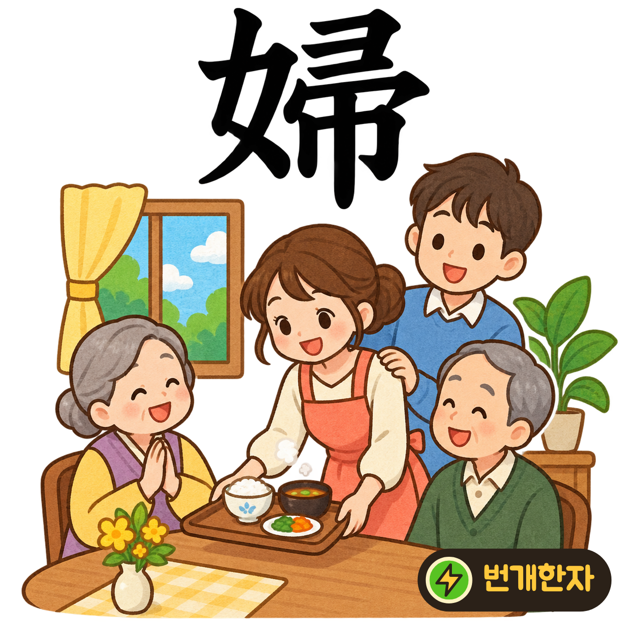 婦: 여자 女 옆의 帚에는 빗자루처럼 모인 획이 있어요. 가족이 함께 청소하는 장면에서 집안의 며느리를 떠올려요. (기억 그림)