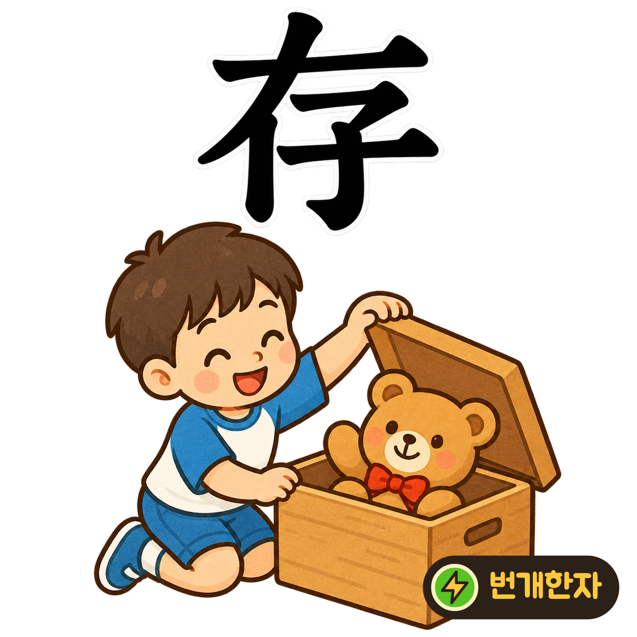 存: 왼쪽으로 내려오는 획 아래에 아이 子가 있어요. 가려진 곳에서도 아이가 거기에 있다고 상상해요. (기억 그림)