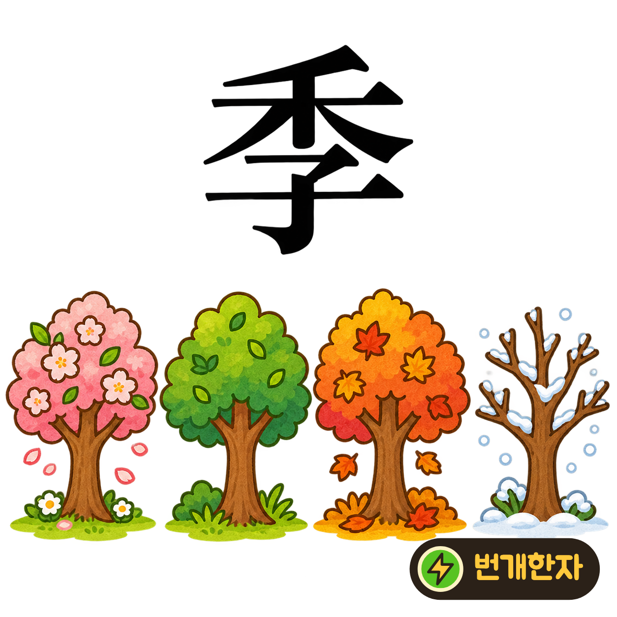 季: 곡식 禾 아래에 아이 子가 있어요. 아이가 자라는 동안 곡식도 자라고 계절이 바뀌어요. (기억 그림)