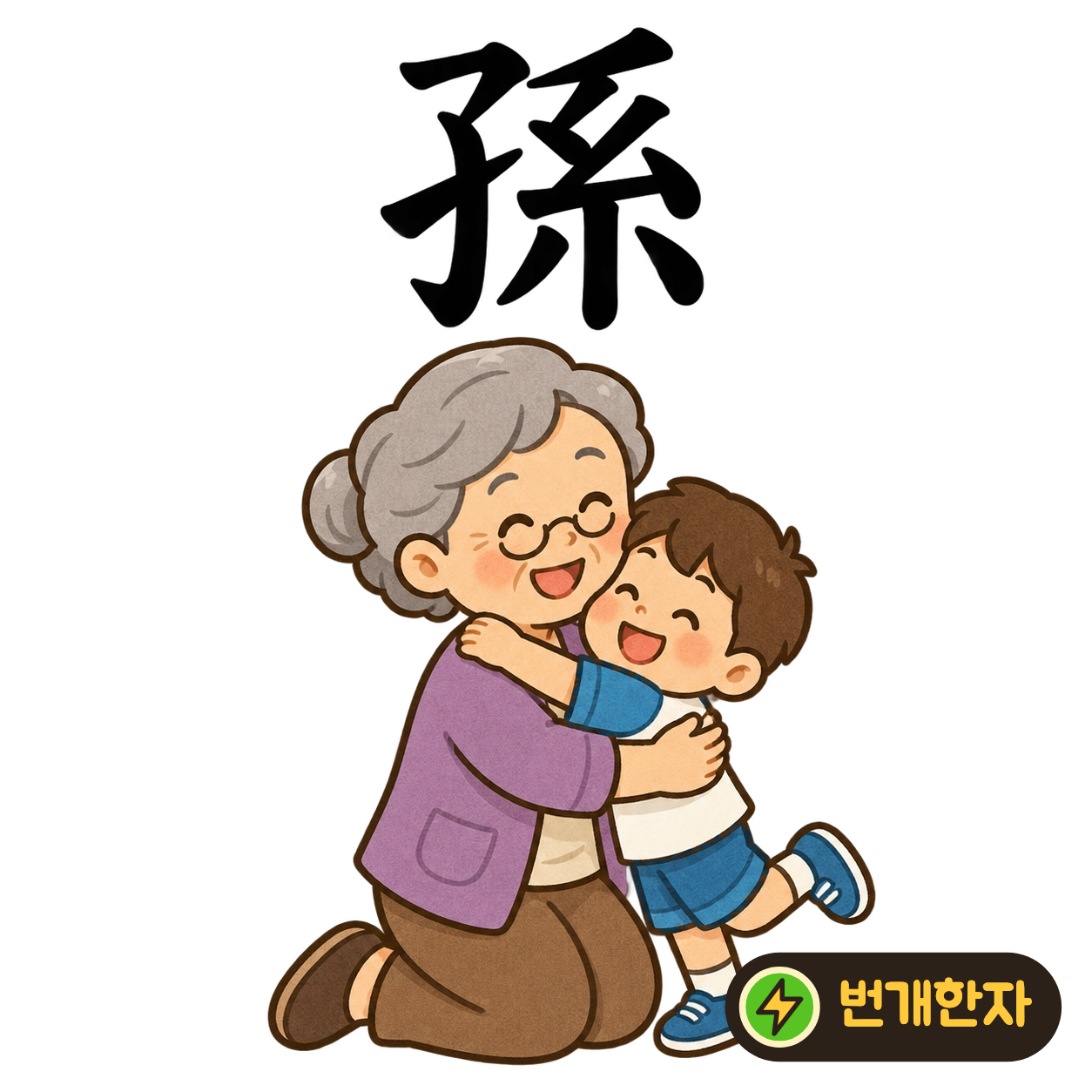 孫: 아이 子 옆에 실처럼 이어진 系가 있어요. 가족이 실처럼 이어져 손자까지 내려가는 모습을 상상해요. (기억 그림)