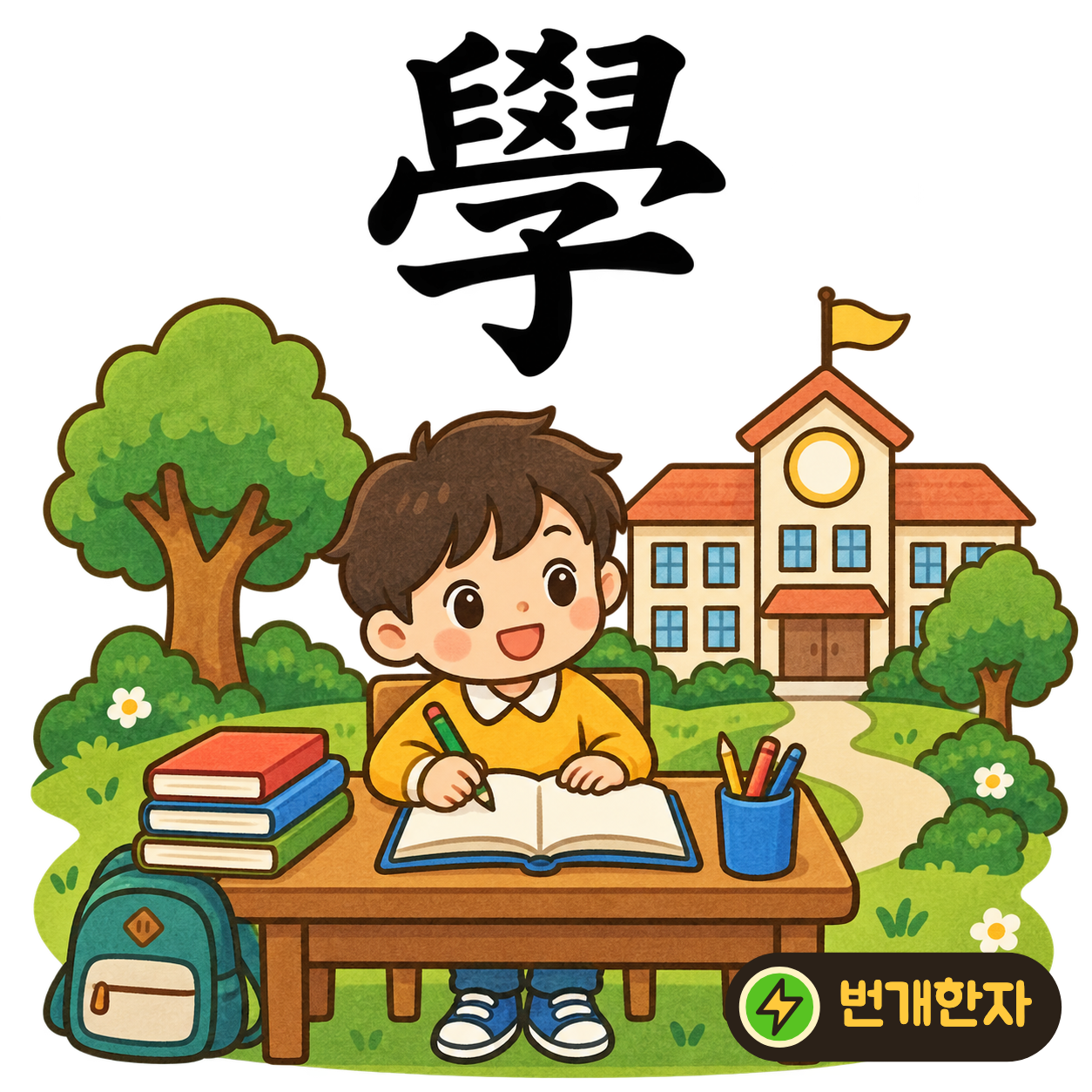 學: 지붕처럼 덮인 복잡한 윗부분 아래에 아이 子가 있어요. 아이가 여러 가지를 하나씩 배우는 교실을 떠올려요. (기억 그림)