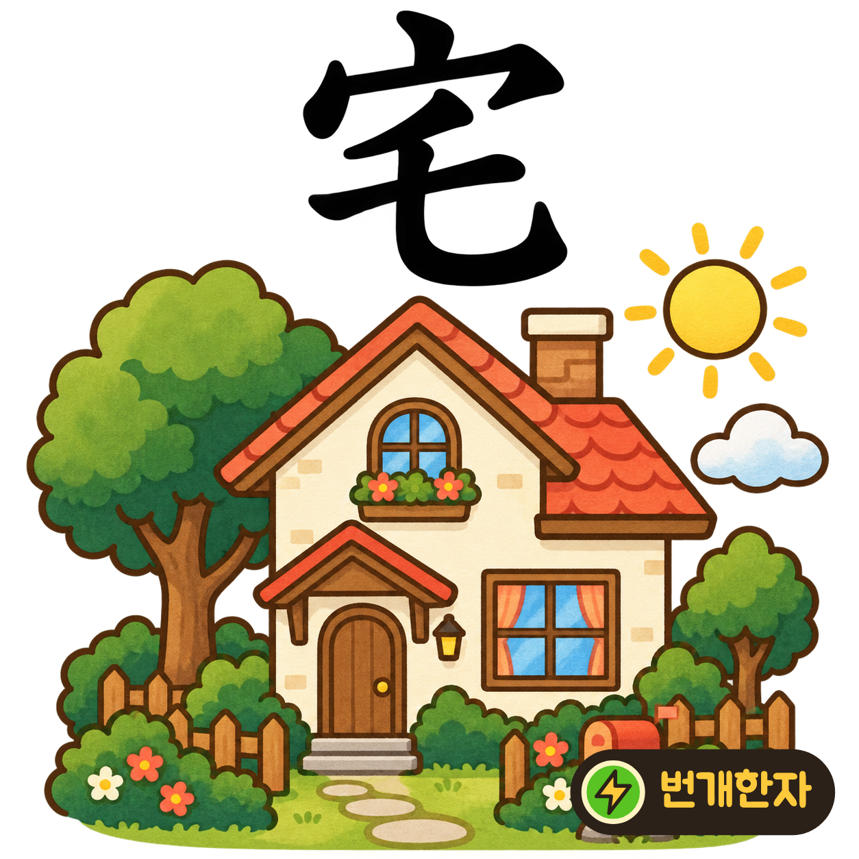宅: 지붕 宀 아래에 굽은 획들이 있어요. 지붕 아래 내 물건을 두고 사는 집을 상상해요. (기억 그림)