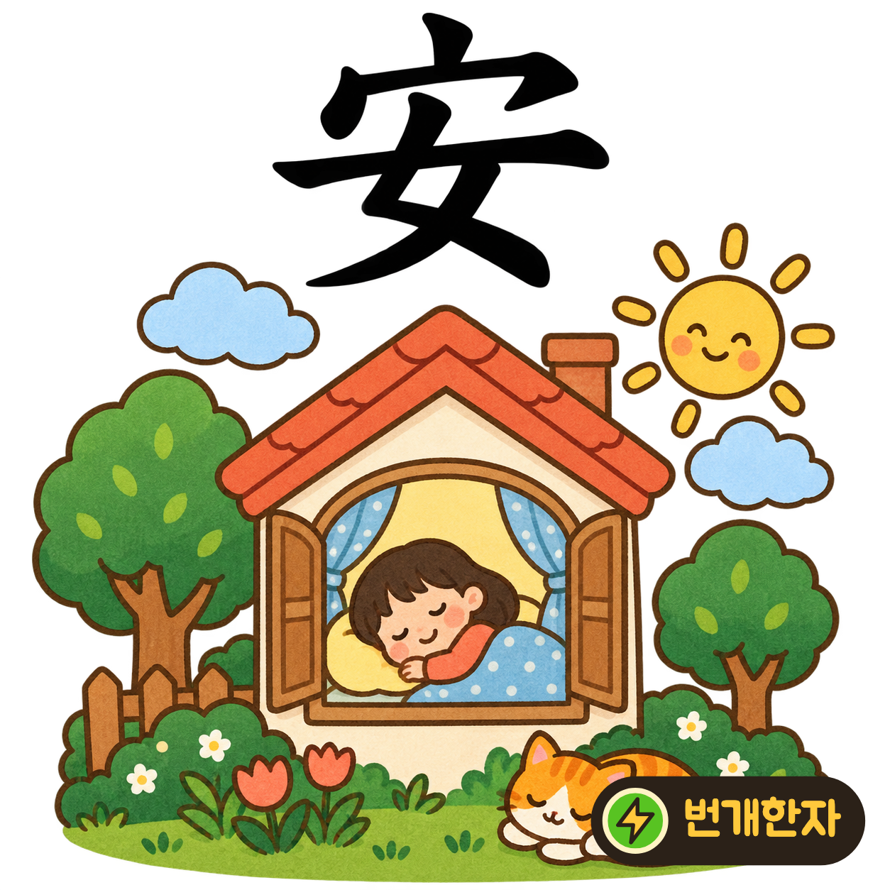 安: 지붕 宀 아래에 여자 女가 있어요. 사람이 집 안에서 편안하게 쉬는 모습으로 기억해요. (기억 그림)