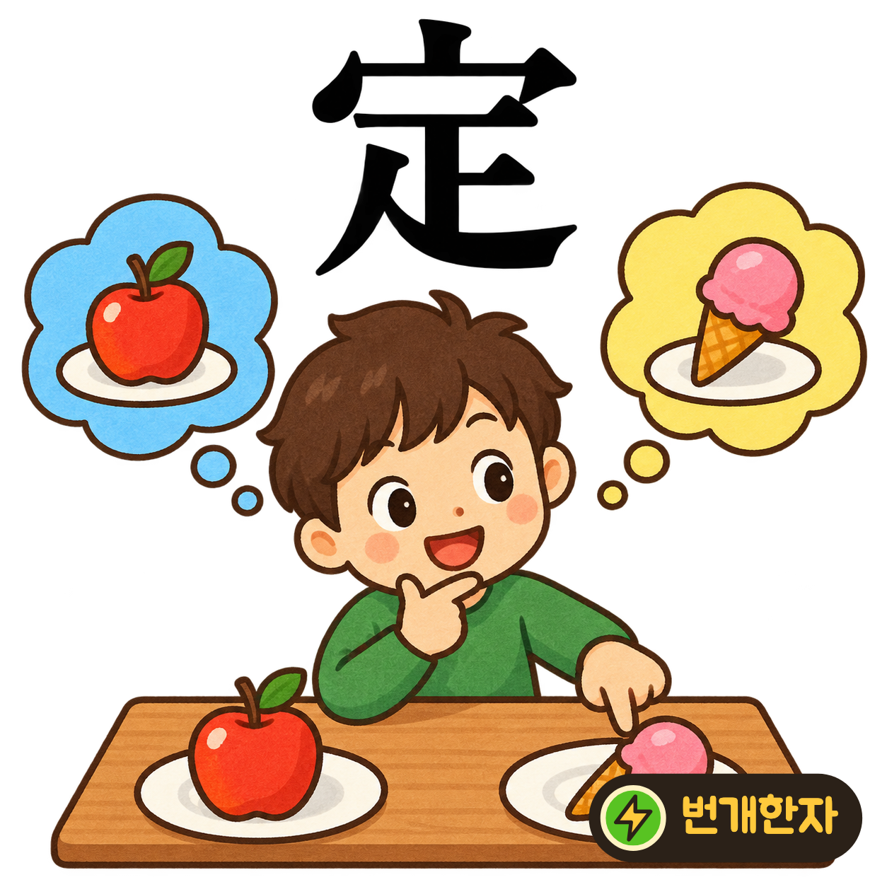 定: 지붕 宀 아래에서 획이 곧게 내려와요. 집 안에서 갈 곳을 정하고 발을 내딛는 모습으로 기억해요. (기억 그림)