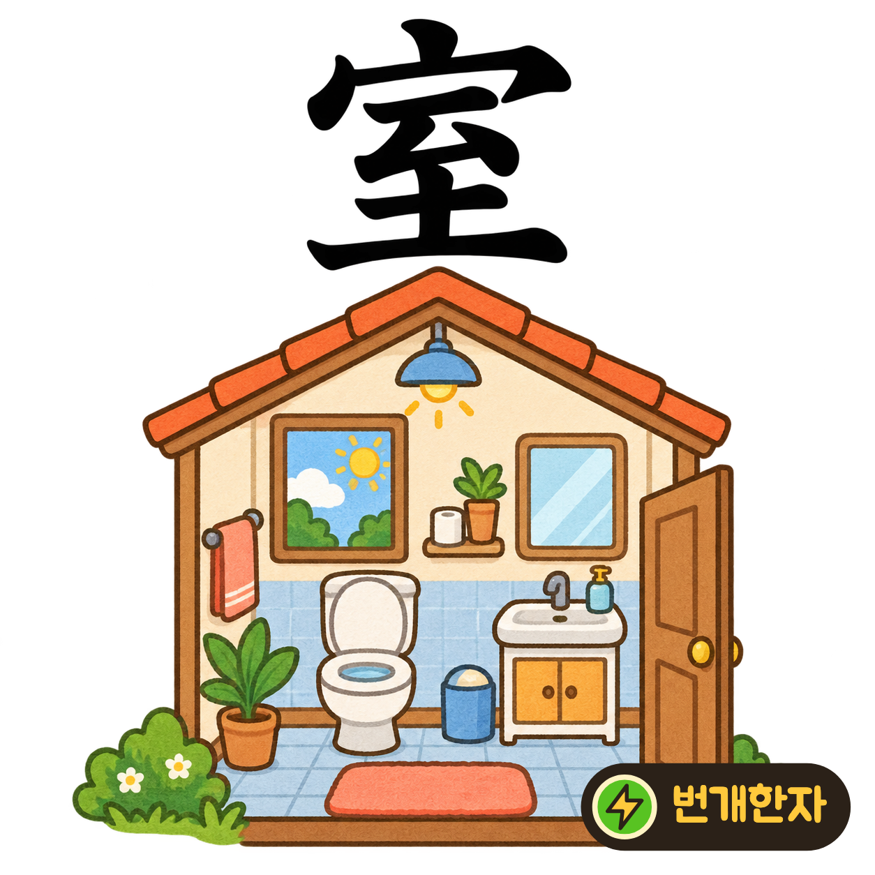 室: 지붕 宀 아래에 이를 至가 있어요. 길을 가다가 마침내 집의 방 안에 이른 장면이에요. (기억 그림)