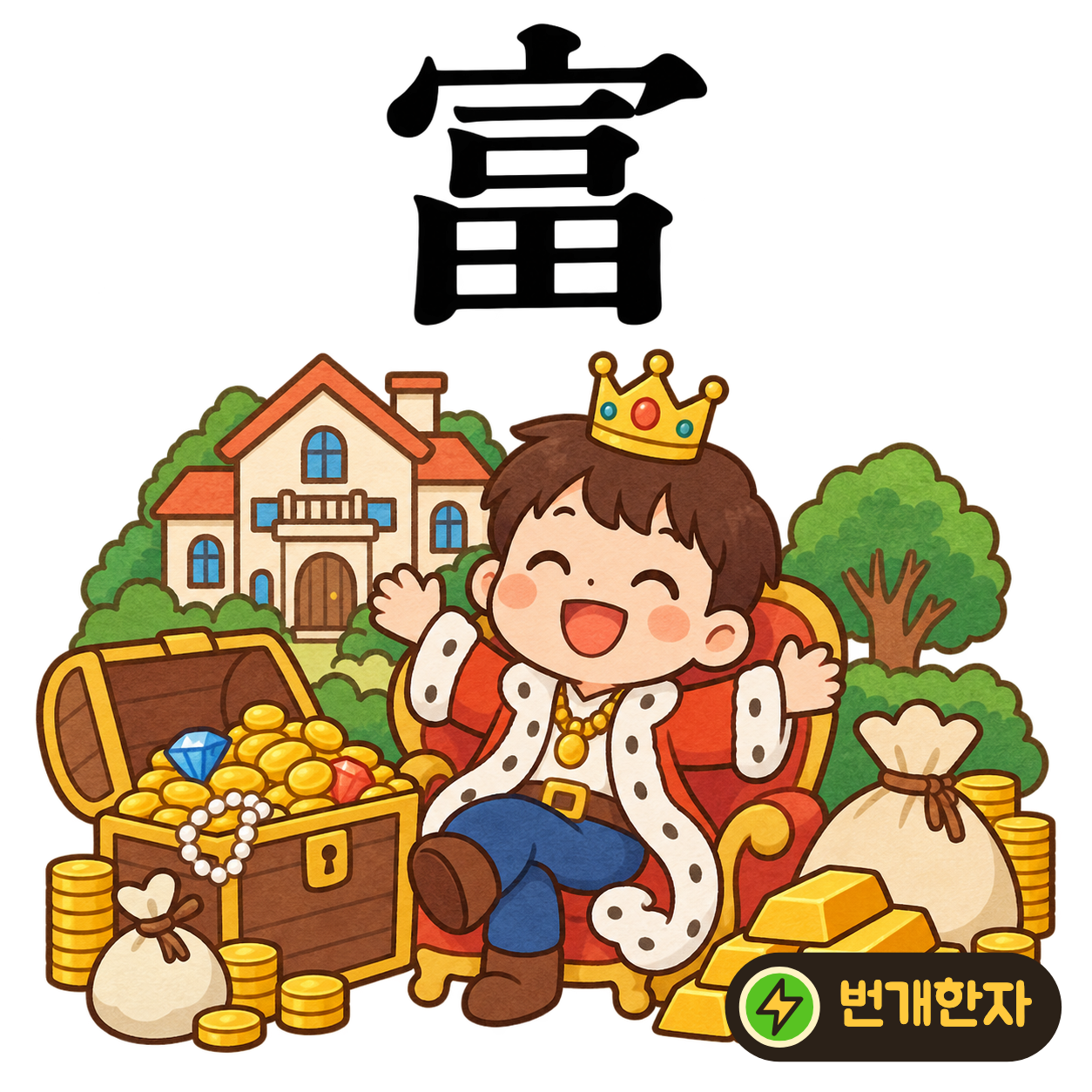 富: 지붕 宀 아래에 一, 口, 田이 보여요. 집과 먹을 것과 밭이 넉넉한 부자를 상상해요. (기억 그림)