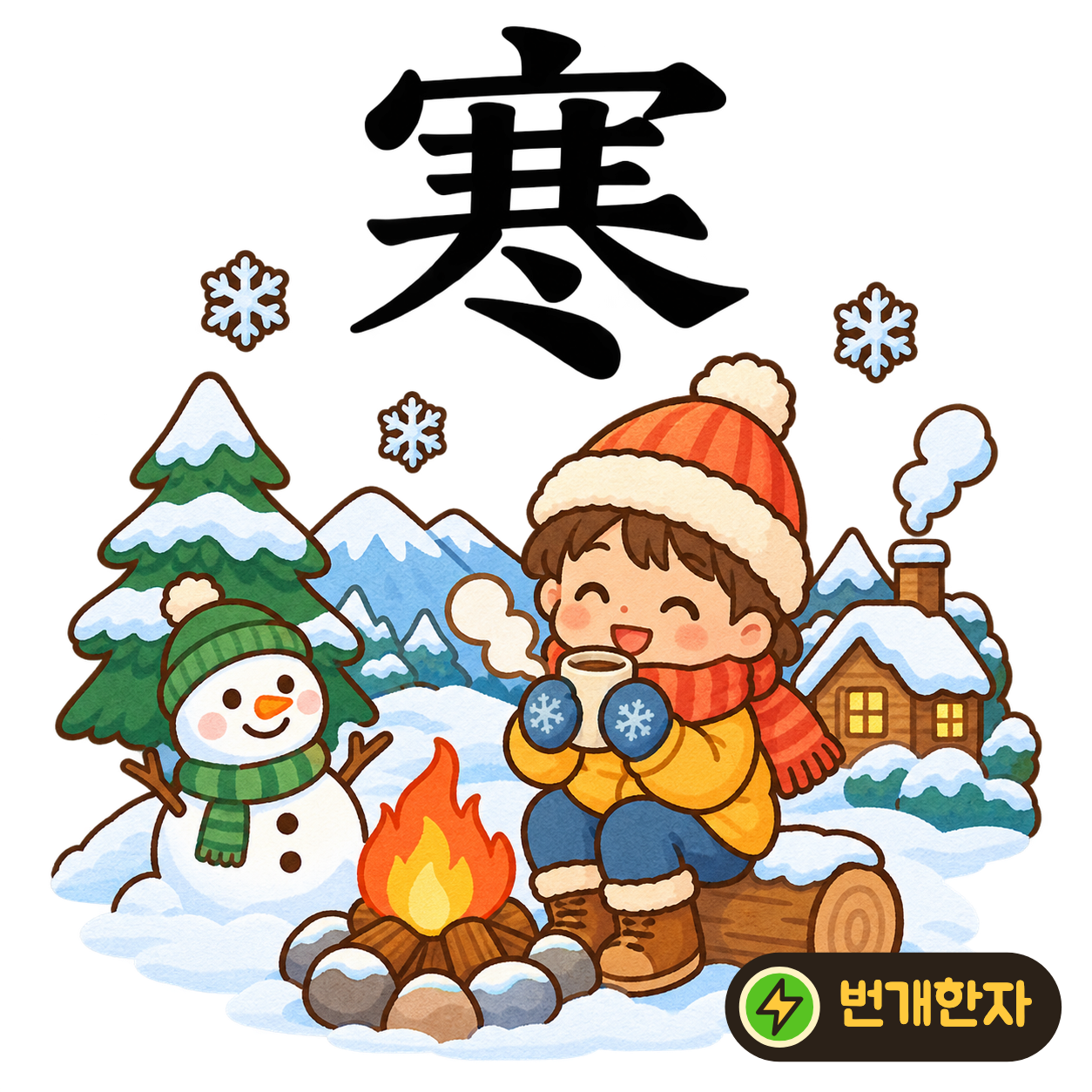 寒: 지붕 宀 아래에 여러 획이 모이고 맨 밑에 점 두 개가 있어요. 추위를 피해 집 안에 모여 몸을 움츠리는 장면이에요. (기억 그림)