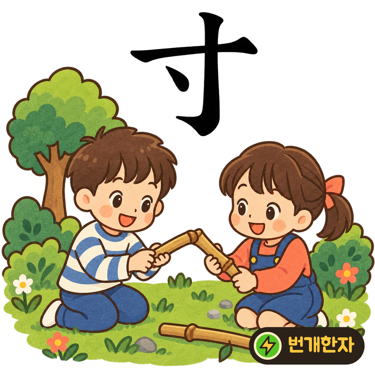 寸: 가로획을 세로획이 지나고 옆에 작은 점이 있어요. 손가락의 한 마디 길이를 점으로 표시한다고 상상해요. (기억 그림)