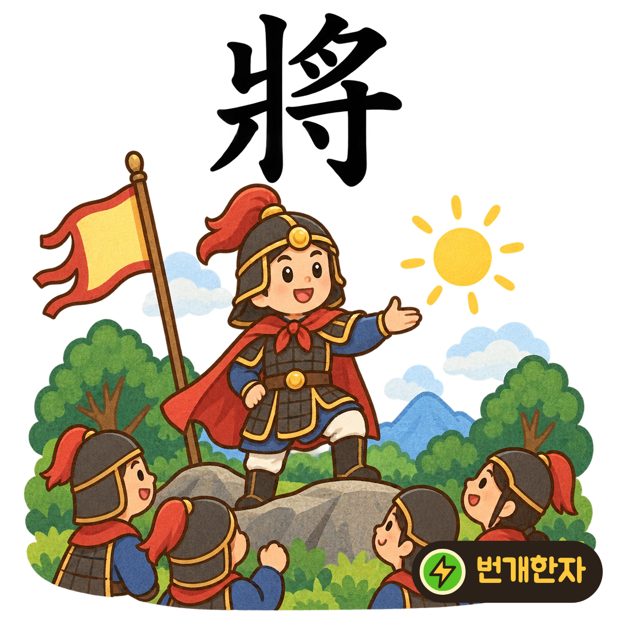 將: 오른쪽 아래에 寸이 있어요. 장수가 손짓으로 사람들을 이끄는 모습을 떠올려요. (기억 그림)