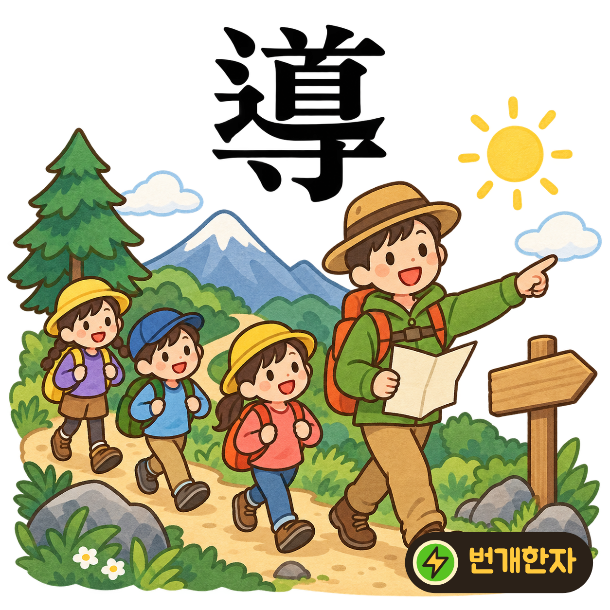 導: 길 道 아래에 손을 떠올리는 寸이 있어요. 손으로 갈 길을 가리키며 안내하는 모습이에요. (기억 그림)
