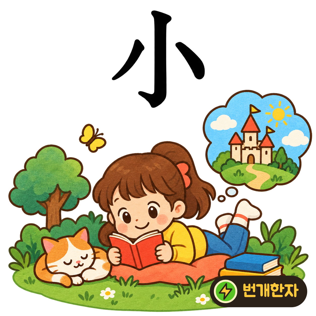 小: 가운데 긴 획 옆에 작은 획 두 개가 있어요. 큰 물건 옆에 놓인 작은 조각들을 떠올려요. (기억 그림)
