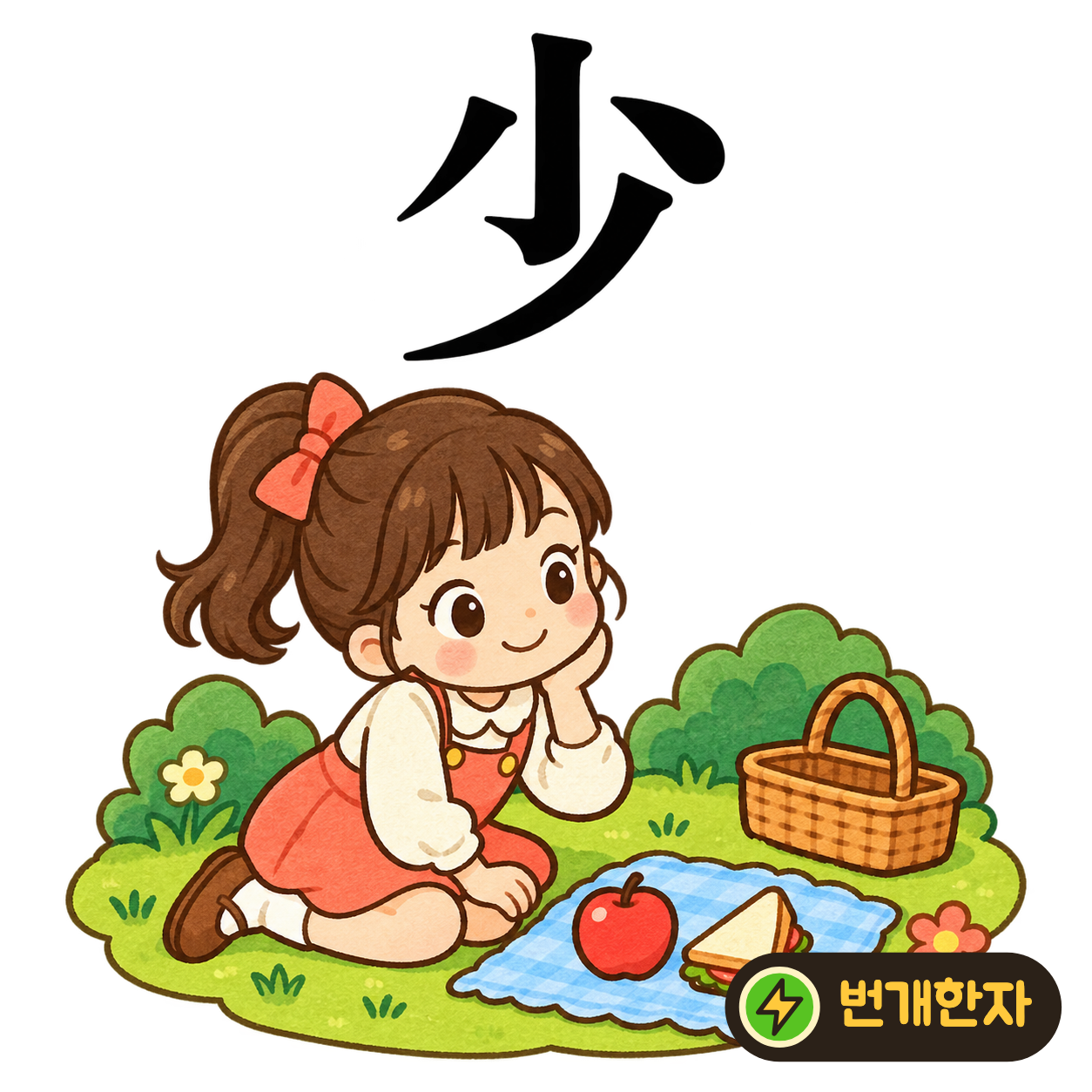 少: 작을 小 아래에 비스듬한 획 하나가 있어요. 작은 더미에서 하나를 덜어 수가 적어진다고 상상해요. (기억 그림)