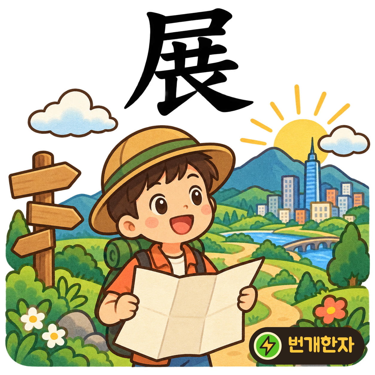 展: 덮개 尸 아래에 획들이 옆으로 넓게 뻗어요. 접어 둔 천을 꺼내 펼치는 모습을 상상해요. (기억 그림)