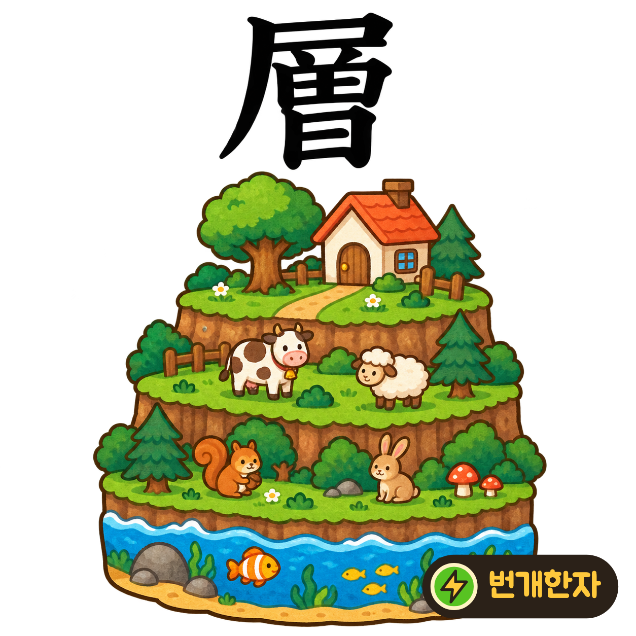 層: 덮개 尸 아래에 曾이 층층이 쌓여 있어요. 지붕 아래 여러 층이 있는 건물을 떠올려요. (기억 그림)