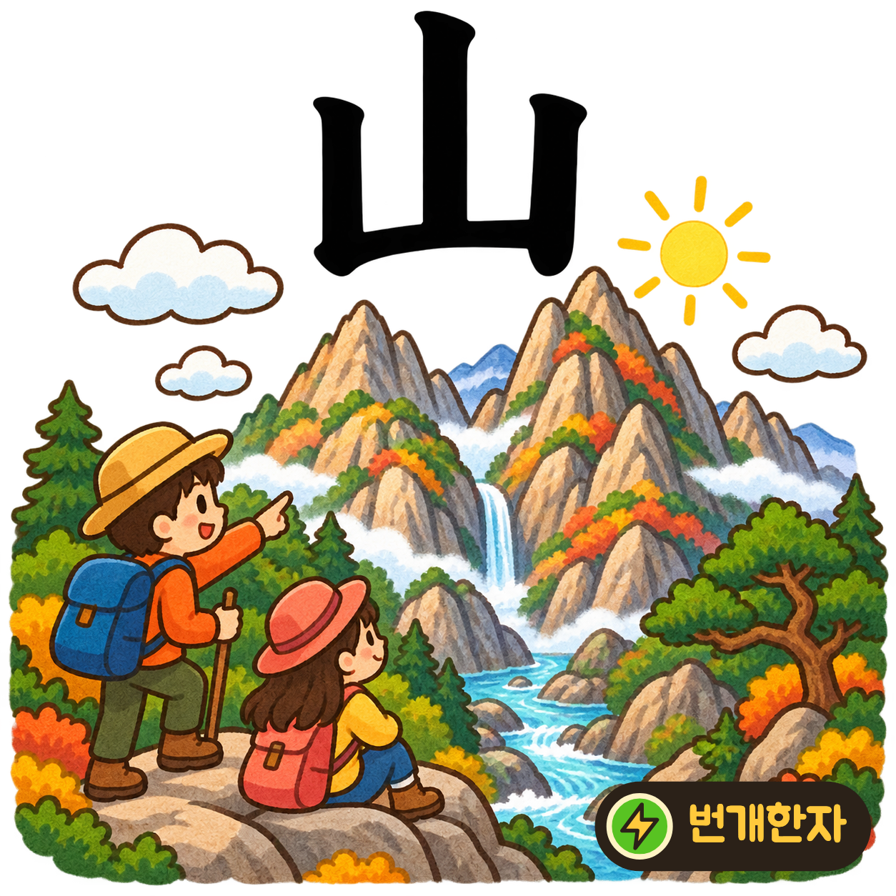 山: 가운데 봉우리가 높고 양옆에 낮은 봉우리가 있어요. 세 봉우리로 이어진 산을 떠올려요. (기억 그림)