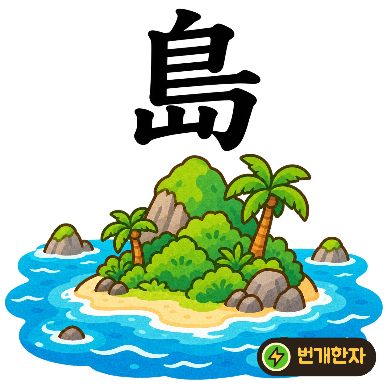 島: 새 鳥를 닮은 윗부분 아래에 산 山이 있어요. 새가 내려앉은 바다 한가운데의 작은 산, 섬을 상상해요. (기억 그림)