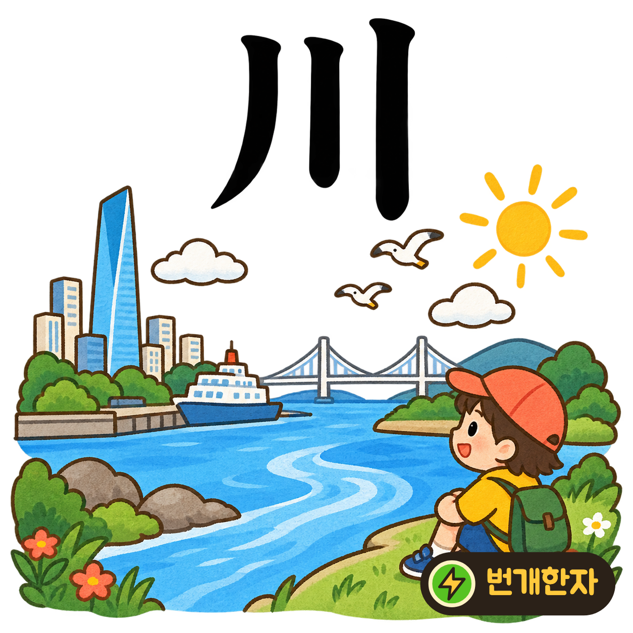 川: 세 획이 나란히 아래로 흘러요. 물줄기들이 이어져 흐르는 시내를 떠올려요. (기억 그림)