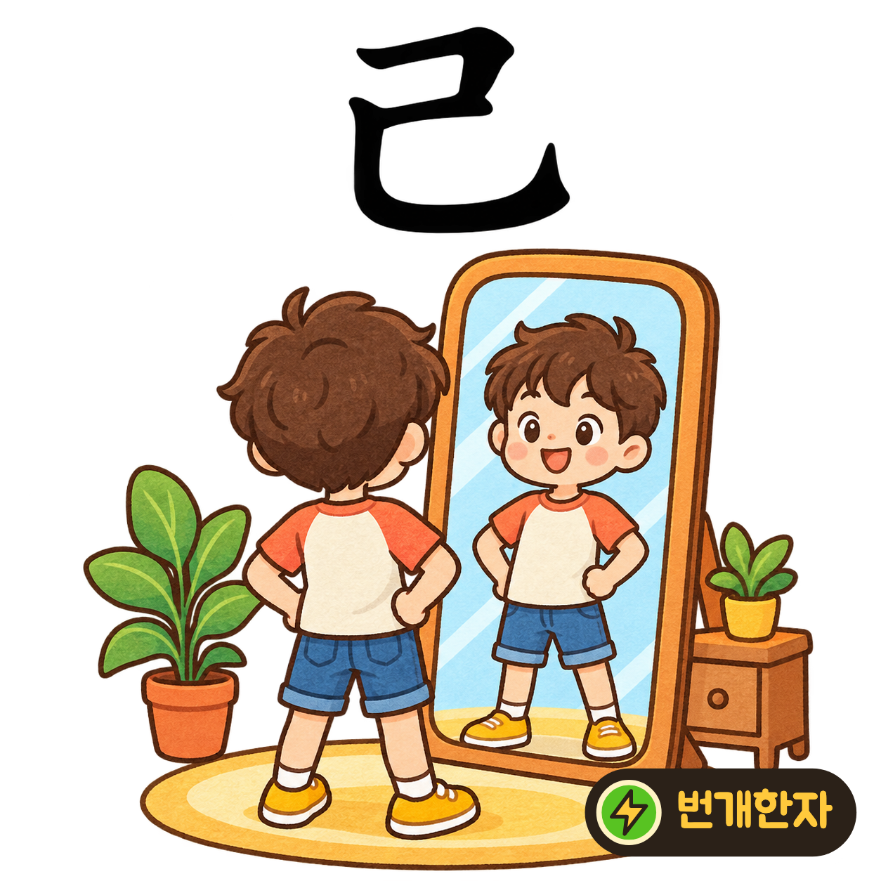 己: 굽은 획이 안쪽으로 돌아오지만 윗부분은 열려 있어요. 자기 몸을 팔로 감싸는 모습으로 기억해요. (기억 그림)
