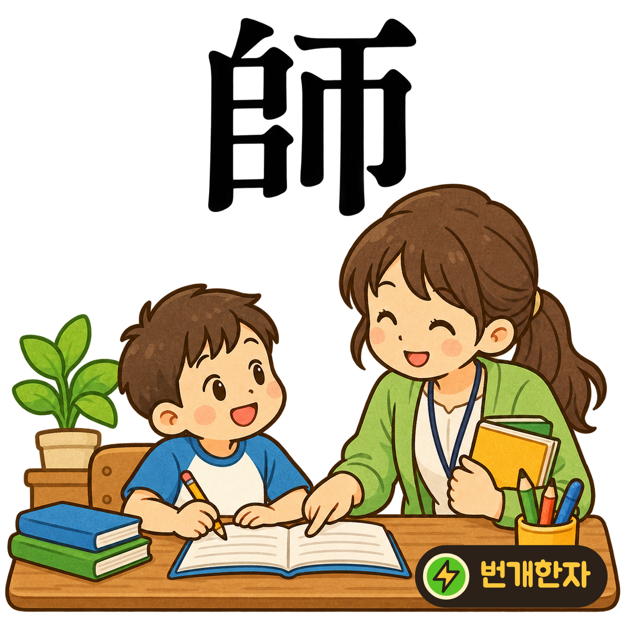 師: 오른쪽에 가로선과 수건 巾이 보여요. 스승이 펼친 큰 학습 자료를 보고 따라 배우는 장면이에요. (기억 그림)