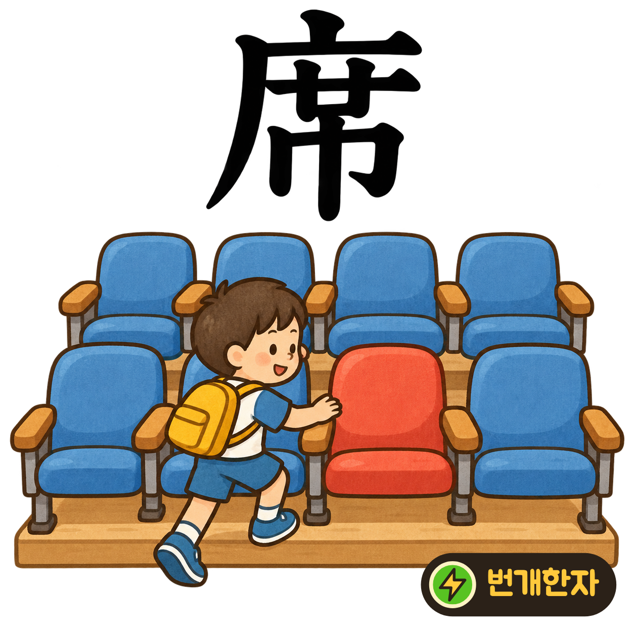 席: 넓은 덮개 广 아래에 수건 巾이 있어요. 지붕 아래 깔개를 펴서 앉을 자리를 마련해요. (기억 그림)