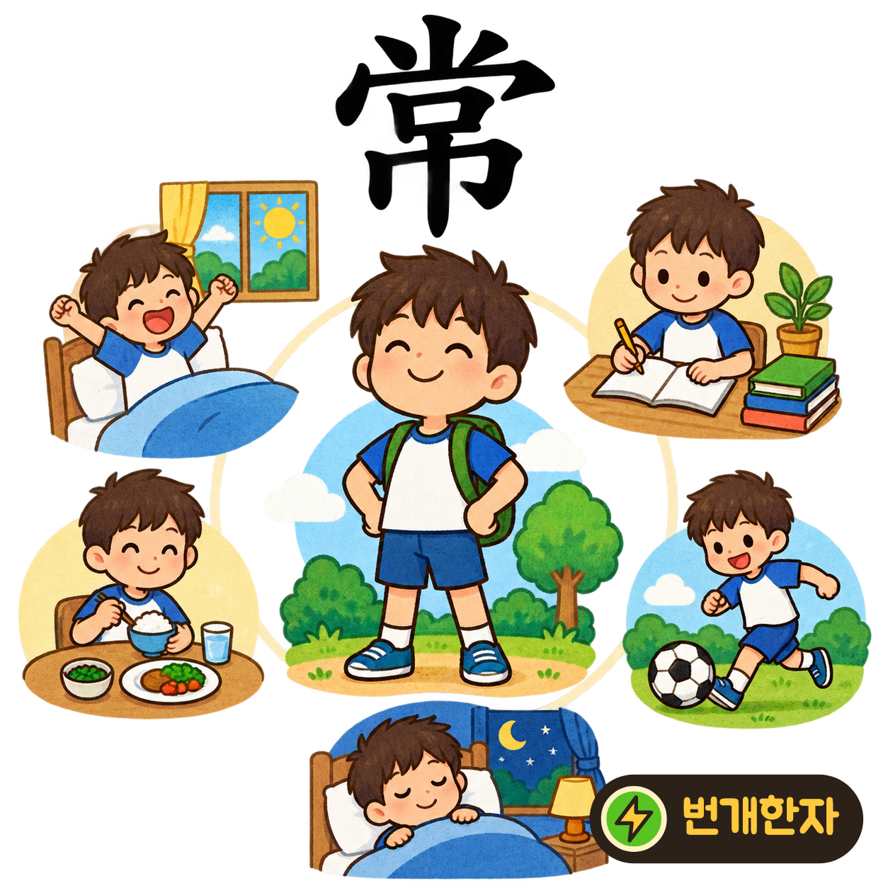常: 윗부분 아래에 수건 巾이 반듯하게 걸려 있어요. 늘 같은 자리에 바르게 걸어 두는 습관을 상상해요. (기억 그림)